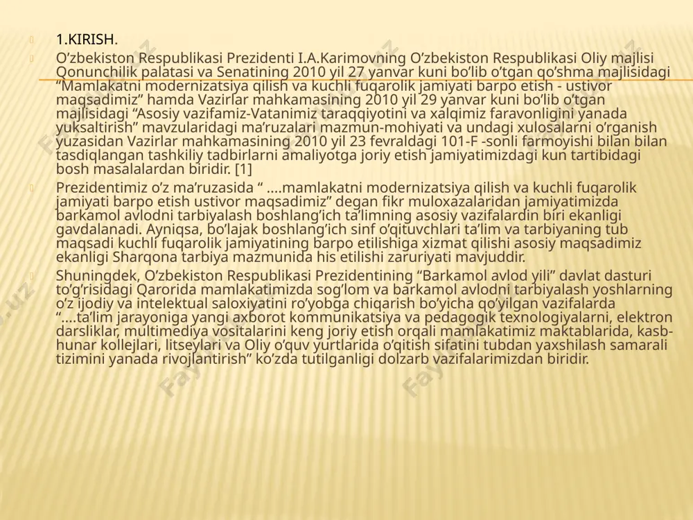 i asosiy qonunimizda belgilab qo’yilgan. shu bilan birga, bu keng jamoatchilik, butun xalqimizning ishtiroki va qo’llab - quvvatlashishini talab qiladigan umummilliy masaladir. yosh avlodni hozirgi zamon fani bilan qurollantirish orqali ularning aqliy jihatdan maksimal darajada rivojlanishlariga erishish umumta’lim - tayanch maktablar oldida turgan eng muhim vazifalardan biridir. bu vazifani hal etishda sinfdan tashqari ishlarning o’rni benihoya katta. matematikadan o’tkaziladigan sinfdan tashqari ishlarning mazmuni dars mashg’ulotlarida egallangan bilimlarni kengaytirish va chuqurlashtirishda qaratilgan bo’lishi kerak. shundagina sinfdan tashqari mashg’ulotlar dars mashg’ulotlarining mantiqiy davomi bo’lib xizmat qila oladi. sinfdan tashqari mashg’ulotlar deganda ko’pincha yuqori sinflar nazarda tutiladi. lekin ilg’or tajribalarning tasdiqlashicha, boshlang’ich sinflarda ham sinfdan tashqari turli - tuman formalarda mashg’ulotlar olib borishning potensial imkoniyatlari mavjud. bu imkoniyatlardan foydalanish o’qitishda boshlang’ich va yuqori sinflar uzviyligini ta’minlaydi. boshlang’ich sinflarda sinfdan tashqari ishlarni olib borishda o’quvchilarning nutq madaniyatini va matematik tafakkurini shakllantirishga kompleks holda yondashish talab qilinadi. 2.boshlang’ich sinflarda matematikadan sinfdan tashqari ishlarni tashkil etish: …