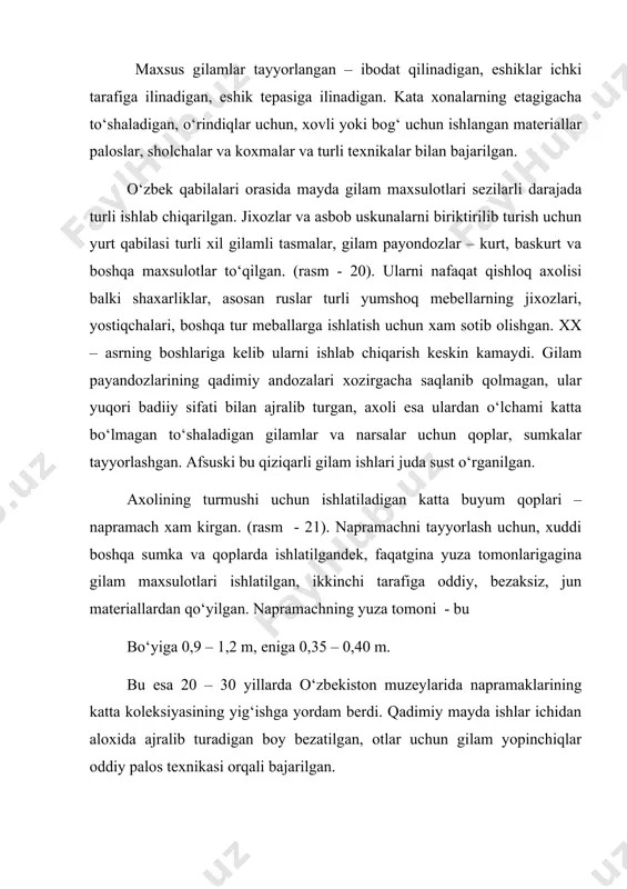mustaxkamligi saqlangan. 19- asrning 2 yarmi va xx – asrning boshlarida ishlangan gilam ishlarida bо‘yoqlarning pala-partish ishlanganligi 19-asrda ishlangan gilam bо‘yoqlaridan katta farq qilgan. tо‘qimachilik texnikasi va pat gilam xarakteriga kо‘ra aloxida palosni qо‘shib tikish kalta о‘lchamli (g‘altakli) tо‘qish, stanogida va selnotkalniy qalin о‘ramli tо‘qish stanoklariga bо‘lingan. birinchisi uchun patligi bilan ajralib tursa (15 mm gacha), ikkinchisi kalta patlini tashkil qilgan (7 mm gacha), turk pat gilamlariga yaqin о‘rta sifatli bо‘lgan, mayda ishlarni turklardan farqli ravishda kalta patli kalta о‘ramli tо‘qish stanoklariga bajarishgan. uzun о‘ramli stanoklar xam uchratilgan va umumiy qoidalardan chiqarib tashlangan. bu yerda juljers mashxur bо‘lgan va kalta о‘ramli stanoklar ishlab chiqarilgan. kalta о‘ramli stanoklarga talab katta bо‘lgan. adabiyotlar bu gilamlar tо‘g‘risida juda qisqa ma’lumot berilgan. a.a.semyonov va s.m.dudin bu gilamlar tо‘g‘risida eslab о‘tgan, lekin ularning na nomini na ishlanishini va texnik sifati xaqida aytilmagan. dudin qimmatli bir eslatma yozgan, bunda juljerslarning 1910 – 1914 yillarda buxoro va …