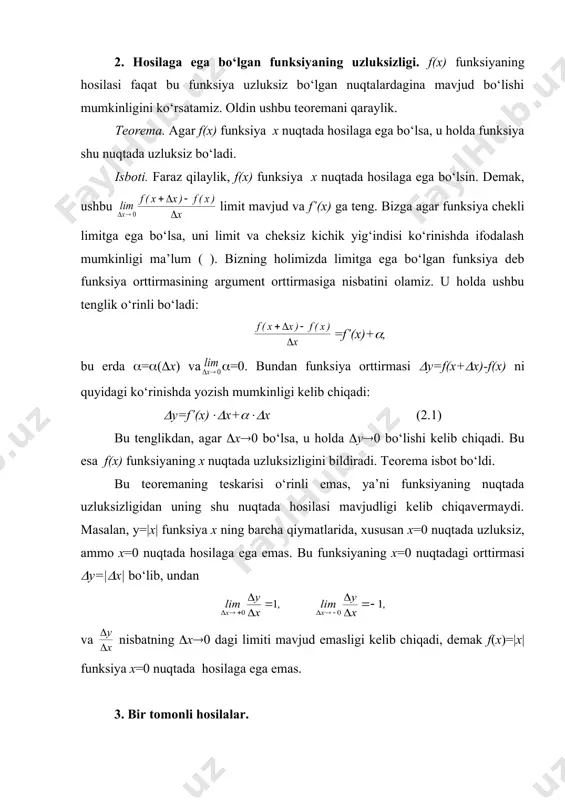 ki funksiyaning hosilasi cheksizga teng deyiladi. ushbu funksiya uchun (y/(x nisbatning (x(0 dagi limitini qaraylik. funksiyaning 0 nuqtadagi orttirmasini hisoblaymiz: (y=(f(0)=f(0+(x)-f(0)=f(0+(x)=f((x)= . funksiya orttirmasining argument orttirmasiga nisbati = va bu nisbatning (x(0 dagi limiti +( ga teng. demak, funksiya x=0 nuqtada cheksiz hosilaga ega ekan. cheksiz hosila uchun ham bir tomonli cheksiz hosila tushunchasini ham qarash mumkin. agar y=f(x) funksiya x=x0 nuqtada +( (-() hosilaga ega bo‘lsa, u holda = =+( (-() munosabatning o‘rinli ekanligini isbotlash mumkin. bu tasdiqning teskarisi ham o‘rinli ekanligi o‘z-o‘zidan ravshan. berilgan x0 nuqtada f’(x0-0)=-(, f’(x0+0)=+(, (f’(x0-0)=+(, f’(x0+0)=-() bo‘lishi ham mumkin. bunday holda f(x) funksiya x=x0 nuqtada hosilaga (xatto cheksiz hosilaga ham) ega emas deb hisoblanadi. misol tariqasida y= funksiyaning x=0 nuqtadagi bir tomonli hosilalarini aniqlaylik. bu funksiyaning x=0 nuqtadagi orttirmasi (y(0)= ga teng va = ekanligini ko‘rish qiyin emas. shu sababli =+( va =-( bo‘ladi. demak, y’(-0)=-(, f’(+0)=+( bo‘lib, funksiya x=0 nuqtada cheksiz hosilaga ega …