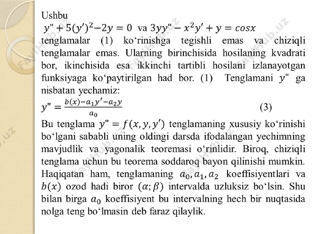 glamaning ildizlari xususiy yechimlarning fundamental sistemasi umumiy yechimning ko‘rinishi 1-misol. tenglamaning umumiy yechimini toping. yechilishi: berilgan differensial tenglamaning xarakteristik tenglamasi dan iborat. uning ildizlari . xususiy yechimlarning fundamental sistemasi: . tenglamaning umumiy yechimi ko‘rinishdadir. 2-misol. tenglamaning umumiy yechimini toping. yechilishi: xarakteristik tenglama teng ildizlarga ega. xususiy yechimlarning fundamental sistemasi: tenglamaning umumiy yechimi quyidagicha bo‘ladi: 3-misol. tenglamani umumiy yechimini toping. yechilishi: xarakteristik tenglama va ildizlarga ega. bu yerda . xususiy yechimlarning fundamental sistemasi: tenglamaning umumiy yechimi: ikkinchi tartibli chiziqli bir jinsli differensial tenglama uchun qabul qilingan ta’riflar va olingan natijalarni (7) ko‘rinishdagi n  (n  2) tartibli chiziqli bir jinsli differensial tenglama uchun tatbiq etish mumkin. xususan: agar (7) tenglamaning yechimlari uchun kamida bittasi nolga teng bo‘lmagan shunday o‘zgarmaslar topilsa va istalgan x(a;b)da (8) tenglik bajarilsa, yechimlarga chiziqli bog‘liq yechimlar deyiladi. agar istalgan uchun (8) tenglik faqat uchun bajarilsa, yechimlarga (a;b) intervalda chiziqli erkli yechimlar deyiladi. masala. 1 g massali …