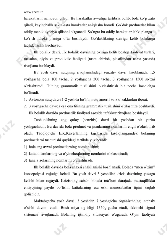ka ehtiyojning paydo bo`lishi, kattalarning esa eski munosabatlar tipini saqlab qolishidir. maktabgacha yosh davri. 3 yoshdan 7 yoshgacha organizmning intensiv o`sishi davom etadi. bosh miya og`irligi 1350g-gacha etadi, ikkinchi signal sistemasi rivojlanadi. bolaning ijtimoiy situaciyasi o`zgaradi. o`yin faoliyati etakchi faoliyat turidir. rolli o`yinlar jarayonida ular katta odamlarning barcha vazifa va ishlarini amalda bevosita bajaradilar. rolli o`yinlarni vujudga keltiruvchi eng zarur omillardan biri, bolada o`z xatti-harakatlarini kattalar xatti-harakati bilan solishtirish, undan nusxa olish tuyg`usining mavjudligidir. bolalarning o`yin faoliyati d.b.el`konun, a.s.slavina, a.p.usova va boshqa psixologlar o`rganishgan. o`yin faoliyati ixtiyoriy diqqat va xotiraning, tafakkurning rivojlanishini belgilab beradi. bola predmet va harakatlarni birlashtirishni o`rganadi. bolaning hayoli ham faqat qiyin faoliyatdagina rivojlana boshlaydi. 3 yoshdan 7 yoshgacha barcha bilish jarayonlari o`sadi, sezgirlik kuchayadi, bola sensor etalonlarni o`zlashtiradi, xotiraning hajmi o`sadi. ilk bolalik davrida ko`rgazmali harakatli tafakkur va sekin-asta mantiqiy tafakkur shakllari etakchi rol` o`ynay boshlaydi. bolaning tafakkuri tarli faoliyatlarda, xususan, o`yin faoliyatida rivojlanadi. predmetlarni ularning …