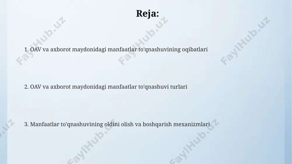 i natijasida ommaviy axborot vositalarining ishonchliligi 30% ga pasayishi mumkin. iqtisodiy manfaatlar to'qnashuvi va uning ta'siri iqtisodiy manfaatlar to'qnashuvi ommaviy axborot vositalarida 20% dan ortiq reklama daromadlariga ega bo'lgan kompaniyalar haqida xolis xabarlar e'lon qilish imkoniyatini cheklaydi. axborot maydonidagi iqtisodiy manfaatlar to'qnashuvi natijasida iste'molchilarning 15% dan ko'prog'i noto'g'ri yoki chalg'ituvchi ma'lumotlarga duch keladi. tadqiqotlar shuni ko'rsatadiki, iqtisodiy manfaatlar to'qnashuvi tufayli 30% ga yaqin media-nashrlar ob'ektivlik va ishonchlilik me'yorlarini buzadi. oavdagi korrupsiya va manfaatlar to'qnashuvi oavdagi korrupsiya, 2022-yilgi hisobotlarga ko'ra, jurnalistlarning 15% dan ortig'i manfaatlar to'qnashuviga duch kelganligini ko'rsatdi, bu esa axborotning ishonchliligini pasaytiradi. davlat organlari tomonidan oavlarni moliyalashtirish, yiliga o'rtacha 5 million aqsh dollari miqdorida, ba'zan senzura va manfaatlar to'qnashuviga olib keladi. oavda reklama daromadlari bilan tahririyat siyosati o'rtasidagi bog'liqlik, ya'ni 80% dan ortiq ommaviy axborot vositalari reklamadan bog'liq bo'lib, ob'ektivlikka tahdid soladi. sensatsionizm va uning oqibatlari sensatsion xabarlarning tarqalishi natijasida jamoatchilik fikri manipulyatsiya qilinadi, bu esa ijtimoiy tarmoqlarda 50% …