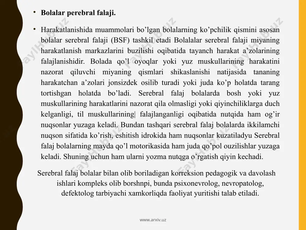 ra beradi. harakat ko’nikmalarini mustahkamlash, yanada mukammal bajarish maqsadida nutq a’zolari mashqlarini har kuni 4-5 marta, 3-5 daqiqa mobaynida o’tkazish mumkin. har bir mashqni pedagog o’zi ko’rsatib berishi lozim. 1. til uchun harakatsiz mashqlar. a) "qushchalar"-og’iz katta ochiq, til o’z o’rnida tinch holatda bo’ladi; ) "kurakcha"-og’iz ochiq holatda, keng bo’shashgan, til pastki lablar ustida yotadi; s) "tog’oracha"-og’iz keng ochiq holatda. tilning old va yon qismi ko’tariladi, lekin tishlarga tegmaydi; <1) "nayza"og’iz ochiq holatda. uchli, uzun, zo’riqqan, qattiq, til oldinga chiqariladi; ye) "tepacha"-og’iz ochiq holatda. til uchi pastki tishlarga tiraladi. tilning o’rtasi ko’tarilib, "tepalik" hosil qilinadi; g) "tarnovcha"-og’iz ochiq holatda. tilning ikki chvkkmsh yuqoriga ko’tarilib, "tarnovcha" hosil qilinadi; d) "qo’ziqorin"-og’izochiqholatda.tilni tanglayga yopishtirib to’riladi inklyuziv ta’lim muassasalarida imkoniyati cheklangan bolalar uchun shart-sharoitlar yaratish alohida yordamga muhtoj bolalarni umumta’lim muassasalarida o’qitish ya’ni inklyuziv ta’lim uchun quyidagi shart-sharoitlarni yaratish lozim: - nogironlikni erta tashxis qilish; - umumta’lim muassasalari binolarida alohida ehtiyojli bolalar uchun moslashtirilgan …