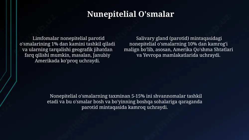 i, o'smaning turi, kattaligi va metastaz darajasiga bog'liq bo'lib, radiatsion terapiya, masalan, 60 gy dozada, toshkentdagi onkologiya markazida keng qo'llaniladi va bemorning umumiy ahvoliga ijobiy ta'sir ko'rsatishi mumkin. ba'zi hollarda, 3-4 bosqichdagi malign parotid o'smalarida, kemoterapiya (doksorubitsin, sisplatin kabi preparatlar bilan) jarrohlik va radiatsion terapiya bilan birgalikda qo'llaniladi, bu esa samarqanddagi onkologik klinikalarda muvaffaqiyatli amaliyotga ega. parotidiya bezining malign epitelial o'smalarini davolashda jarrohlik aralashuvi, 70% hollarda, mintaqaviy limfadenektomiya bilan birgalikda qo'llaniladi va natijalar jahon sog'liqni saqlash tashkiloti ma'lumotlariga ko'ra, 5 yillik omon qolish ko'rsatkichini 80% gacha oshirishi mumkin. hemangioma parotida bezining gemangiomali o'smalari odatda 30-50 yosh oralig'ida uchraydi va ko'pincha ayol bemorlarda ko'proq kuzatiladi, bu esa aqshdagi statistikaga ko'ra, bu kasallikning jinsiy jihatdan bog'liqligi haqida faraz qilishga imkon beradi. gemangiomalar, shuningdek, kapillyar, kavernoz yoki aralash tiplarga bo'linadi, bu ularning o'sish va joylashuviga qarab, turli xil morfologik xususiyatlarga ega ekanligini bildiradi va jarrohlik yo'li bilan olib tashlashni talab qilishi mumkin. parotida …