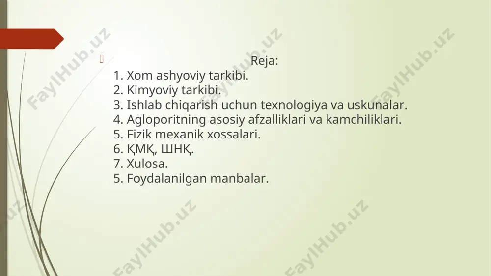 ga yotqiziladi. panjara ostida vakum kamerada ventilyator yordamida havo surilib yarim homashyoni kuydirish tezlatiladi. ko`mirning yonishi hisobiga yarim homashyo yuqori harorat 1400-1500 c gacha qizdiriladi. natijada g `ovak shishasimon korj hosil bo`ladi. kuydirish jarayoni juda tez amalga oshiriladi. panjara ostidan havoni surib olishda issiq gazlar yarim homashyo materiallarning pastki qismini ham kuydiradi. havoni surishda yuqori pishgan qavatlar anchagina soviydi. sovitilgan material homashyo omborlariga jo`natiladi. agloporitning afzalliklari quyidagilardan iborat: issiqlik, akustik izoliatsion mateterial. agloporit asosida olingan beton oddiy betonga nisbatan ancha yengil hisoblanadi. kamchiliklari: agloporit asosidagi betonning mustahkamligi past. yurtimizda ishlab chiqarish pastligi va tannarxining balandligi. гост 9757-83 yengil beton to`ldiruvchilari гост 11991-66 agloporit qumi гост 11991-83 agloporit shag`ali va qumi гост 11091-66 agloporit qumining kimyoviy tarkibi xulosa xulosa qilib shuni aytishimiz mumkinki, yurtimizda yengil beton olish uchun va issiqlik izoliatsiya xossasi yaxshili sababliyengil g`ovak to`ldiruvchilar(keramzit, agloporit, komarit, shlakli pemza va boshqalar) ishlab chiqarishni kengaytirishimiz kerak. foydalanilgan adabiyotlar: 1. wikipediya.uz; 2.qomus.info; …