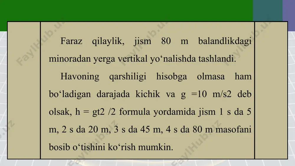 = υ2 /r ga teng edi. agar yer sirti yaqinida, ya’ni h ning qiymati r dan juda kichik bo‘lganida gorizontal otilgan jism yer sharini υ1 tezlik bilan aylansa, a o‘rniga g erkin tushish tezlanishini olish mumkin. u holda: erkin tushish tezlanishi g = 9,8 m/s2 va yer sharining radiusi r = 6,4·106 m ekanligidan, (3) formuladagi tezlik υ1 ni aniqlash mumkin: yer sirti yaqinida gorizontal yo‘nalish bo‘yicha 7,9 km/s tezlikda otilgan jism yer shari atrofida aylana bo‘ylab harakatlanadi. tezlikning bu qiymati birinchi kosmik tezlik deb ataladi.