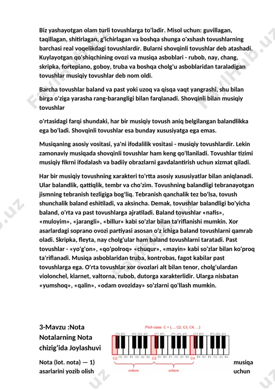 olalarni estetik va ma’naviy boy, tarbiyali shaxs sifatida tarbiyalash muhim masaladir. bu maqsadni amalga oshirishda musiqaning ham alohida o‘rni va o’ziga xos xususiyatlari bor. maktabgacha tarbiya muassasalarida musiqiy tarbiya — bu bir aniq maqsadga yo‘naltirilgan, ya’ni maktabgacha yoshdagi bolani estetik, axloqiy, aqliy rivojini amalga oshirish, bolani shaxs sifatida tarbiyalash, uni dunyoqarashini kengaytirish, o‘z iqtidorini namoyon qila olishga, estetik jihatdan musiqani tushunishga, unga ijodkorona yondasha olishga o‘rgatishdan iboratdir. 2-mavzu: tovush va tovushqator registr biz yashayotgan olam turli tovushlarga to'ladir. misol uchun: guvillagan, taqillagan, shitirlagan, g'ichirlagan va boshqa shunga o'xshash tovushlarning barchasi real voqеlikdagi tovushlardir. bularni shovqinli tovushlar dеb atashadi. kuylayotgan qo'shiqchining ovozi va musiqa asboblari - rubob, nay, chang, skripka, fortepiano, goboy, truba va boshqa cholg'u asboblaridan taraladigan tovushlar musiqiy tovushlar deb nom oldi. barcha tovushlar baland va past yoki uzoq va qisqa vaqt yangrashi, shu bilan birga o'ziga yarasha rang-barangligi bilan farqlanadi. shovqinli bilan musiqiy tovushlar o'rtasidagi farqi shundaki, har …