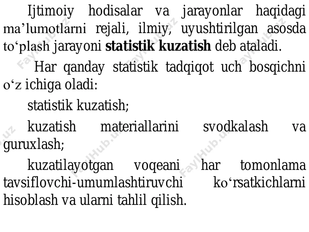 hda va ayniqsa, bozor iqtisodiyoti sharoyitida ayrim hodisa va voqealar bо‘yicha maxsus mustaqil ekspertlarning fikrlarini bilishda yaxshi natija beradi. monografik tasvirlash deganda tо‘plamning bir bо‘lagini har tomonlama va chuqur о‘rganish tushuniladi. masalan, viloyatda bir jinsli 104 ta korxona bor, shundan 4 tasi juda ham ilg‘or. nima sababdan ilg‘or ekanligini bilish va ularning ilg‘orlik tajribasini boshqa korxonalarga yoyish va ommalashtirishda qо‘llaniladi. asosiy massivni kuzatishda о‘rganilayotgan belgi umumiy hajmining о‘zgarishiga olib keladigan eng salmoqli о‘rin tutgan birliklar ajratib olib о‘rganiladi. masalan, shaharda 150 oziq-ovqat dо‘koni bо‘lib, shundan 15 tasi tovar aylanmasining 70-80 foizini beradi. demak, 150 ta oziq-ovqat dо‘konining barchasini о‘rganib о‘tirmasdan, 15 dо‘konni о‘rganib shaharda oziq- ovqat savdosi qanday tashkil qilinganligi haqida xulosa chiqarish mumkin. tanlab kuzatish deganda bosh tо‘plamdan bir qismini tanlab olib tekshirish tushuniladi. agarda kuzatishning bu turi tо‘g‘ri tashkil qilinsa, qisman kuzatishning turlari ichida eng yaxshi о‘rganilgan ma’lumotlar umumiy tо‘plam haqida tо‘la-tо‘kis va aniq fikr yuritish imkonini beradi. …