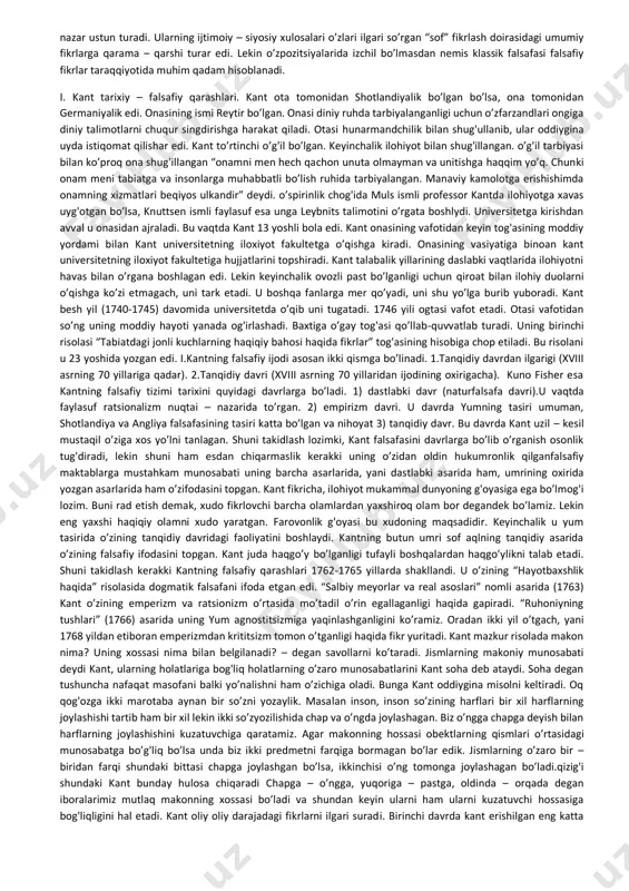 sa to’g’risida, lekin har xil tilda gaplashadi. hattoki ateistik soha ham diniy asosga egadir. hozirdagi mexanika ham xristian aqidalaridan andoza olgandir», deydi. bu bilan o. shpengler ruh birlamchi, e’tiqod xatti-harakatlar va voqeliklarni boshqaruvchi iloxiy qudrat degan xulosaga keladi. uning nazarida insoniyat tarixi – bu juda uzoq va ming yilliklarni qamrab olgan yaxlit olam, ruh va e’tiqod orqali inson tomonidan amalga oshirilgan buyuk haqiqatdir. olamni anglash o’z-o’zini anglashdan boshlanadi, deydi o. shpengler. bunday qarashlar qaysidir darajada undan bir necha asrlar oldin sharqda yuzaga kelgan ruh falsafasini eslatadi. jumladan, a. bedil, j. rumiy, a. nasafiy, n. kubro va boshqalar ilgari so’rgan g'oyalarda ruh birlamchi, jism esa o’tkinchi, ruh – botin, jism – moddiy tariqasida talqin etiladi. jumladan, a. nasafiy «... ulug' olamning avvalu oxiri, zohiru botini, mohiyat va shakllarini anglab etish uchun o’zining mohiyatini, zohiru botinini anglab etkin. bundan boshqa yo’l yo’q», degan edi. nemis tarix falsafasi maktabi jahon falsafa fanining i. …
