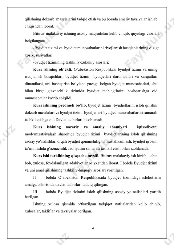 atlari dinamikasi, uni boshqarish bo‘yicha yuzaga kelgan byudjet munosabatlari, shu bilan birga g‘aznachilik tizimida byudjet mablag‘larini boshqarishga oid munosabatlar ko‘rib chiqildi. kurs ishining predmeti bo‘lib, byudjet tizimi byudjetlarini isloh qilishni dolzarb masalalari va byudjet tizimi byudjetlari byudjet munosabatlarini samarali tashkil etishga oid davlat tadbirlari hisoblanadi. kurs ishining nazariy va amaliy ahamiyati iqtisodiyotni modernizatsiyalash sharoitida byudjet tizimi byudjetlarining isloh qilishning asosiy yo‘nalishlari orqali byudjet qonunchiligini mustahkamlash, byudjet ijrosini ta’minlashda g‘aznachilik faoliyatini samarali tashkil etish bilan izohlanadi. kurs ishi tarkibining qisqacha tavsifi. bitiruv malakaviy ish kirish, uchta bob, xulosa, foydalanilgan adabiyotlar ro‘yxatidan iborat. i bobda byudjet tizimi va uni amal qilishining tashkiliy-huquqiy asoslari yoritilgan. ii bobda o‘zbekiston respublikasida byudjet tizimidagi islohotlarni amalga oshirishda davlat tadbirlari tadqiq qilingan. iii bobda byudjet tizimini isloh qilishning asosiy yo‘nalishlari yoritib berilgan. ishning xulosa qismida o‘tkazilgan tadqiqot natijalaridan kelib chiqib, xulosalar, takliflar va tavsiyalar berilgan. i bob. byudjet tizimi va uni amal qilishining tashkiliy-huquqiy asoslari 1.1 byudjet …
