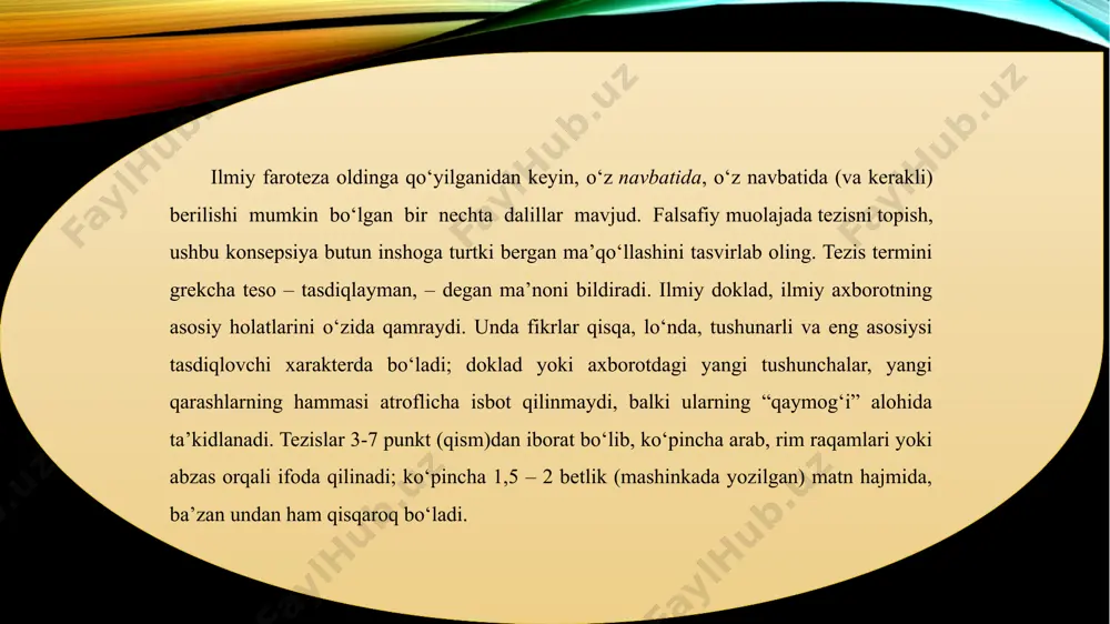 sqichi. tezis nimada? degan savolga faqat bitta gapda bayon qilingan qisqa va aniq shakllangan fikrlar deb javob berish mumkin yuqorida aytib o‘tganimizdek, bu worddagi 12 ta xoch tomonidan yozilgan 2-3 sahifali matn. yoki 10 daqiqa sekin o‘qish. hisobot odatda 15 minut vaqtni oladi, shunda unda mavhumga joylashtirilmagan narsalarni zikr qilish mumkin. ushbu qisqa maqola aniq tuzilishga ega bo‘lishi kerak. biz mavzudan boshlaymiz. u iloji boricha o‘ziga xos bo‘lishi va maqolaning mohiyati bilan bog‘liq bo‘lishi kerak. bundan tashqari, u konferensiya mavzusiga mos bo‘lishi kerak. va bu yangilikka ta’sir qilishi kerak. mavzu juda uzoq bo‘lmasligi kerak – maksimal bir yarim satr maqolaning kichik bir qismi yog‘ochdagi barcha fikrlarning to‘kilishini istisno qiladi. odatda biron bir lirik qissaga yo‘l qo‘yilmaydi va mavzudan chetga chiqishga yo‘l qo‘yilmaydi. shuning uchun birinchi jumlada qimmatli ma’lumotlar bo‘lishi kerak. u birdaniga ikkita savolga javob beradi: “men nima haqida yozaman?” va “nima uchun men bu erda gapirayotganim muhim?” shundan kelib …
