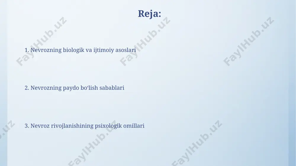 ajribalar katta rol o'ynaydi. bolalik tajribalari va nevrozning rivojlanishi bolalikdagi travmatik voqealar, masalan, 5 yoshgacha bo'lgan davrda toshkentda yuz bergan oilaviy zo'ravonlik yoki ota-ona ajrashishi, keyinchalik nevroz rivojlanishiga 30% gacha hissa qo'shishi mumkin. 100 ta bolaning surveylariga asoslanib, farg'ona vodiysida o'tkazilgan tekshiruvlar shuni ko'rsatdiki, ijtimoiy izolyatsiya va kam muloqot bolalarda xavotir va nevroz belgilarining paydo bo'lish ehtimolini 45% ga ko'taradi. ijtimoiy-madaniy omillar ta'siri oilaviy zo‘ravonlik va bolalik davrida ruhiy travmalar, masalan, 5 yoshgacha bo‘lgan bolalarning 15 foizida kuzatilgan jismoniy jazolar, keyinchalik turli xil nevrozlarning rivojlanishiga, shu jumladan, fobiyalarning paydo bo‘lishiga sabab bo‘lishi mumkin. 19-asr oxiri va 20-asr boshlarida yevropa va shimoliy amerikada sanoatlashuvning tez sur’atlar bilan rivojlanishi ijtimoiy beqarorlik va shaxslarning ruhiy salomatligiga salbiy ta’sir ko‘rsatdi, nevrozlar sonining keskin oshishiga olib keldi. nevrozning paydo boʻlishining biologik omillari stressga javoban gipotalamus-gipofiz-buyrak o'qi faoliyatining buzilishi, xususan, kortizol gormoni darajasining oshishi, 30% dan ortiq holatlarda depressiv nevrozlarning rivojlanishiga hissa qo'shishi mumkin. miyada serotonin, …
