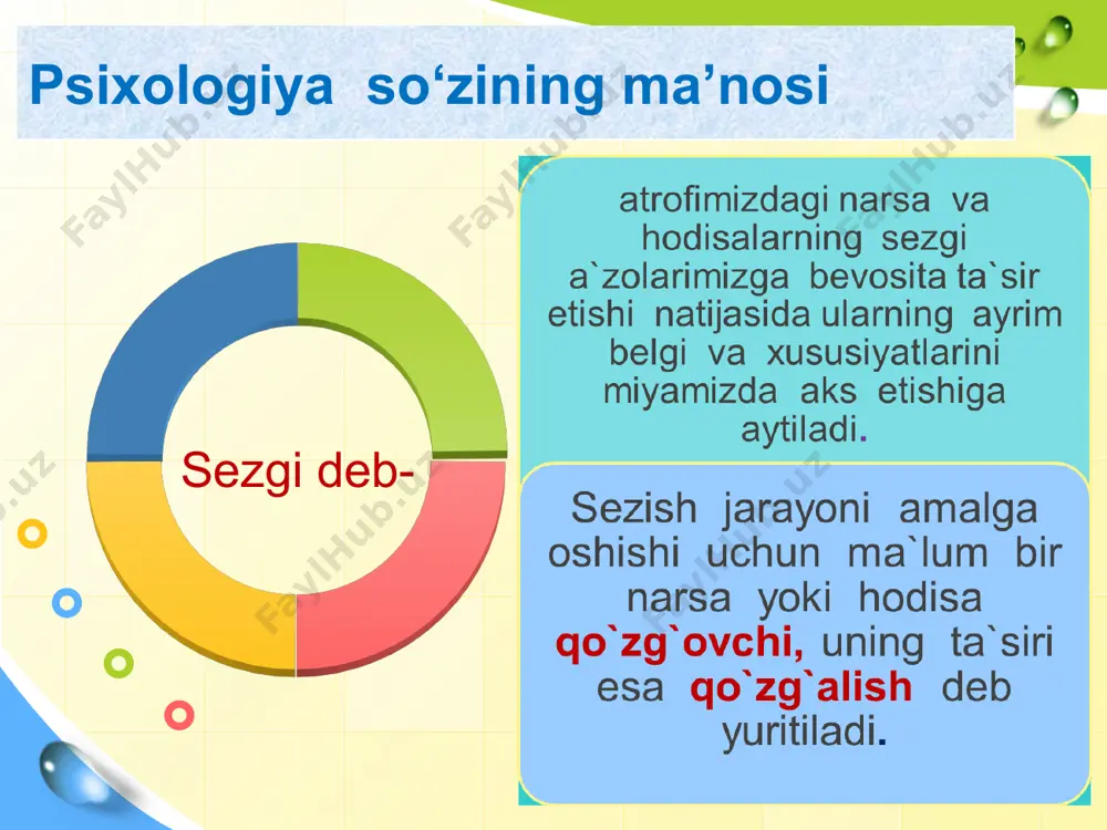 ixologiya so‘zining ma’nosi qanday? 3. psixikaning namoyon bo‘lish shakllari qanday ko‘rinishga ega? 4. psixologik holatlar qanday ko‘rinishga ega? 5. shaxsning individual xususiyatlari nima? 6. psixologiyaning qanday tarmoqlari mavjud? : karimova v. psixologiya.-t., 2002. g`oziev e.g. umumiy psixologiya. -t., 2002.1-2 kitob. nemov r.s. психологи». kн.1. - m., 2003. психология. учебник для экономических вузов. /под общ. ред. и.н.дружинина. – спб.: питер, 2002. – 672 с. психология. учебник / отв. ред. проф. a.a.kрылов. – 2-е изд., переб. и доп. – m.: изд-вo: проспект (tk velbi). 2004. – ст. 37-52. l/o/g/o e’tiboringiz uchun rahmat!