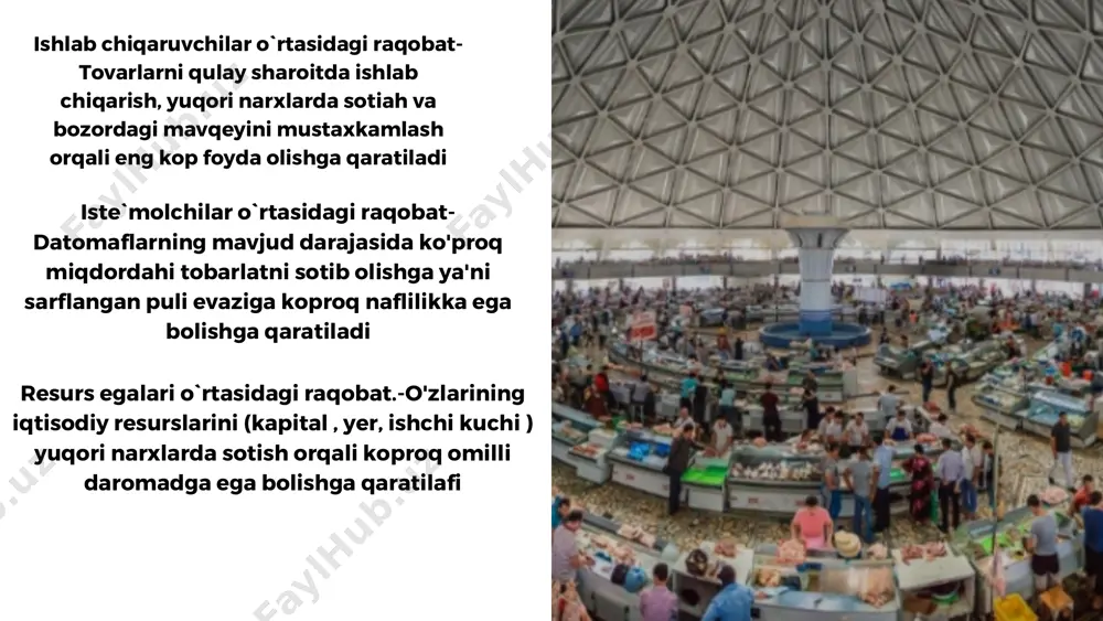 dagi raqobat va narxsiz raqobat. narx vositasida raqobatlashuvda kurashning asosiy usuli bo’lib, ishlab chiqaruvchilarning o’z tovarlari narxini boshqa ishlab chiqaruvchilarning shunday mahsulotlari narxiga nisbatan pasaytirishi hisoblanadi narxsiz raqobat shu bilan tavsiflanadiki, bunda raqobat kurashning asosiy omili tovarlarning narxi emas, balki uning sifati, servis xizmat ko’rsatish, ishlab chiqaruvchi firmaning obru-e‘tibori hisoblanadi.