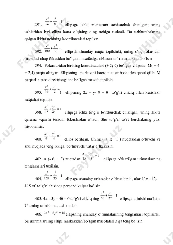 lum. ularning urinish nuqtasi topilsin. 406. ellipsning shunday o’rinmalarining tenglamasi topilsinki, bu urinmalarning ellips markazidan bo’lgan masofalari 3 ga teng bo’lsin. 411. ах + ву + с = 0 to’g’ri chiziqning ellipsga urinish sharti topilsin. 412. ellips р ( + 3; + ) nuqtadan o’tadi va 4х + 5у = 25 to’g’ri chiziqqa urinadi. bu ellipsning tenglamasi yozilsin va uning shu to’g’ri chiziqqa urinadigan nuqtasi topilsin. koordinata o’qlari ellipsning o’qlari o’qlari bilan ustma-ust tushadi. 413. ellips ikkita х + у = 5 va х + 4у = 10 to’g’ri chiziqqa urinadi. ellipsning o’qlari koordinata o’qlari bilan ustma-ust tushish shartida, uning tenglamasi topilsin. giperbola giperbola shunday nuqtalarning geometrik o’rniki, bu nuqtalarning har biridan ikkita o’zgarmas nuqtagacha – geperbolaning fokuslarigacha - bo’lgan masofalar ayirmasi o’zgarmas miqdor bo’lib, 2a ga tengdir. fokuslar orasidagi masofa ff= 2с giperbolaning eng sodda tenglamasi ko’rinishiga ega, bunda b giperbolaning fokuslarini tutashtiruvchi to’g’ri chiziq abstsissalar o’qi xizmatini qiladi …