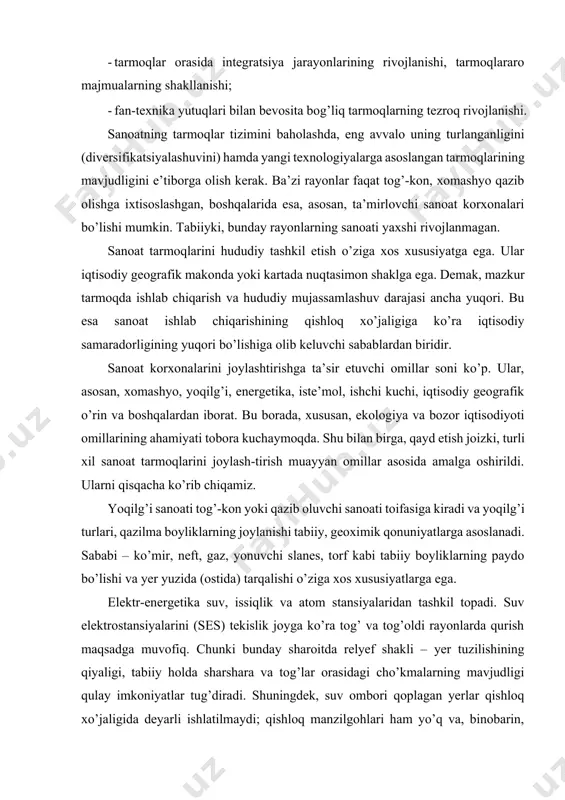 lg’i turlari, qazilma boyliklarning joylanishi tabiiy, geoximik qonuniyatlarga asoslanadi. sababi – ko’mir, neft, gaz, yonuvchi slanes, torf kabi tabiiy boyliklarning paydo bo’lishi va yer yuzida (ostida) tarqalishi o’ziga xos xususiyatlarga ega. elektr-energetika suv, issiqlik va atom stansiyalaridan tashkil topadi. suv elektrostansiyalarini (ses) tekislik joyga ko’ra tog’ va tog’oldi rayonlarda qurish maqsadga muvofiq. chunki bunday sharoitda relyef shakli – yer tuzilishining qiyaligi, tabiiy holda sharshara va tog’lar orasidagi cho’kmalarning mavjudligi qulay imkoniyatlar tug’diradi. shuningdek, suv ombori qoplagan yerlar qishloq xo’jaligida deyarli ishlatilmaydi; qishloq manzilgohlari ham yo’q va, binobarin, ularni ko’chirtirish talab etilmaydi. suv ombori va uning atrofida sport, dam olish zonalarini tashkil qilish, bog’dorchilik va baliqchilikni rivojlantirish, pastki hududlarda yerlarni sug’orish, kanallar qurish mumkin. ba’zan seslar bilan birgalikda o’rmon, yog’ochni qayta ishlash va sellyuloza-qog’oz sanoati ham rivojlanib boradi (masalan, rossiyaning sharqiy rayonlarida). ko’rinib turibdiki, tog’li rayonlarda qurilgan seslar har tomonlama qulay, elektr energiyasi arzon. agar shu stansiyalar tekislikda joylashtirilsa, katta maydon …