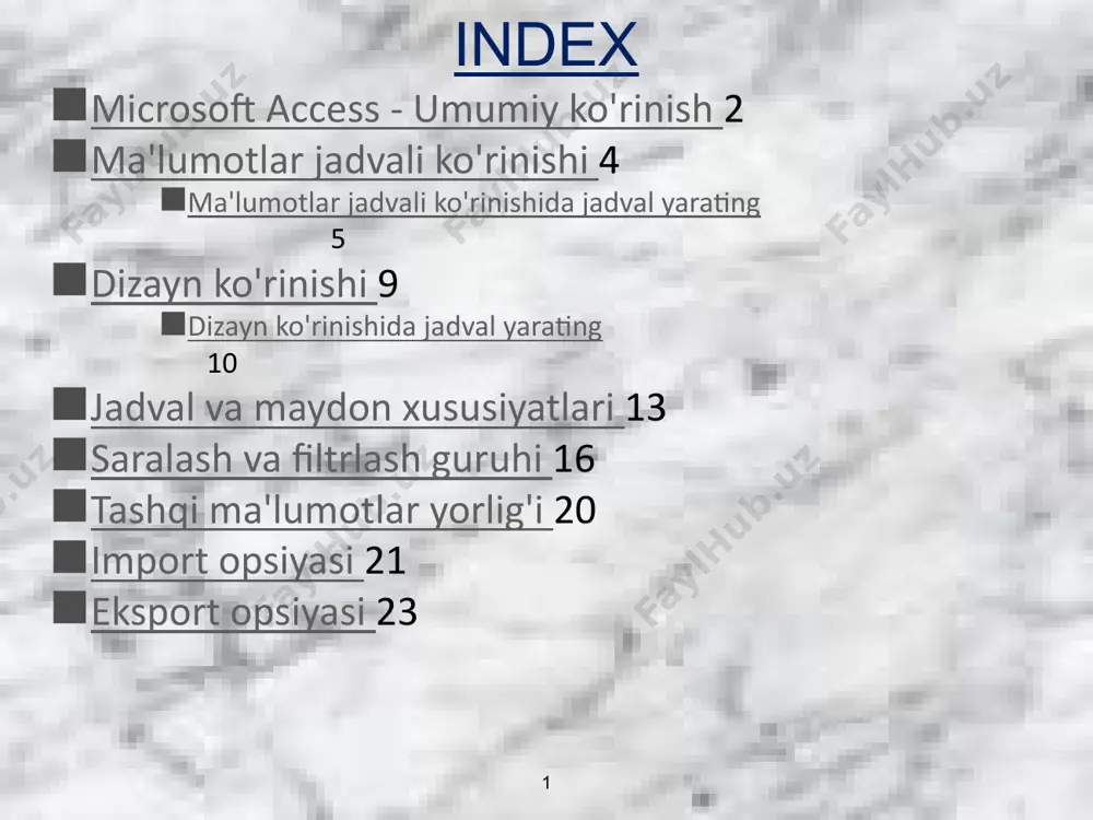 ish yoki saqlangan protsedura ma'lumotlarini satr va ustun formatida aks ettiruvchi ko'rinish. ma'lumotlar jadvali ko'rinishida siz maydonlarni tahrirlashingiz, ma'lumotlarni qo'shishingiz va o'chirishingiz, ma'lumotlarni qidirishingiz mumkin. access 2007 da siz ma'lumotlar jadvali ko'rinishida jadvalga maydonlarni o'zgartirishingiz va qo'shishingiz mumkin. 4 ma'lumotlar jadvali ko'rinishida jadval yarating jarayon, ma'lumotlar jadvali ko'rinishida. ma'lumotlar jadvali ko'rinishi jadval yaratishning vizual usulini taqdim etadi. yangi, bo'sh ma'lumotlar bazasini yaratish yoki mavjud ma'lumotlar bazasiga yangi jadval qo'shish orqali boshlang. ikkala usul ham ma'lumotlar jadvali ko'rinishida yangi jadvalni ochadi. e'tibor bering, yangi jadvalda id deb nomlangan maydon mavjud. bu sizning asosiy kalitingiz, shuning uchun uni yaratishingiz shart emas. 5 jarayon, ma'lumotlar jadvali ko'rinishida. ma'lumotlar jadvali ko'rinishi jadval yaratishning vizual usulini taqdim etadi. maydonlaringizni qo'shish uchun birinchi bo'sh maydon sarlavhasini bosing - qo'shish uchun bosing . bu ma'lumotlar turlari menyusini boshlaydi va siz maydon uchun ma'lumotlar turini tanlaysiz. shundan so'ng, maydon sarlavhasi yozish uchun mavjud bo'ladi, shuning uchun... 6 jarayon, …