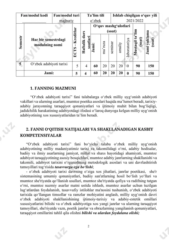 tgan o‘rni, mumtoz nazmiy asarlar matni ustida ishlash, mumtoz asarlar uchun tuzilgan lug‘atlardan foydalanish, tasavvufiy istilohlar ma'nosini tushunish, o‘zbek adabiyoti tarixida qo‘llangan timsollar va ramzlar mohiyatini anglash, milliy uyg‘onish davri o‘zbek adabiyoti shakllanishining ijtimoiy-tarixiy va adabiy-estetik omillari xususiyatlarini bilishi va o‘zbek adabiyotiga xos yangi janrlar va ularning taraqqiyot tamoyillari, she'riyatda vazn, poetik janrlar va obrazlarning yangilanish qonuniyatlari, taraqqiyot omillarini tahlil qila olishni bilishi va ulardan foydalana olishi; - yangicha adabiy-estetik tafakkurning yuzaga kelishi sharoiti va sabablarini, davr adabiyotiga oid she'riy, nasriy va ilmiy asarlarni tahlil qilish ko‘nikmalariga ega bo‘lishi kerak. 3. o‘quv fani o‘qitilishi bo‘yicha uslubiy ko‘rsatmalar 1. ma’ruzalar; 1. interfaol keys-stadilar; 1. amaliy mashg‘ulotlar (aqliy hujum, tezkor savol-javoblar); 1. guruhlarda ishlash; 1. taqdimotlar qilish; 1. individual loyihalar; jamoa bo‘lib ishlash va himoya qilish uchun loyihalar. 4. talabalar kreditlarni olish tartibi fanga oid nazariy va uslubiy tushunchalarni to‘la o‘zlashtirish, tahlil natijalarini to‘g‘ri aks ettira olish, o‘rganilayotgan jarayonlar haqida mustaqil mushohada …