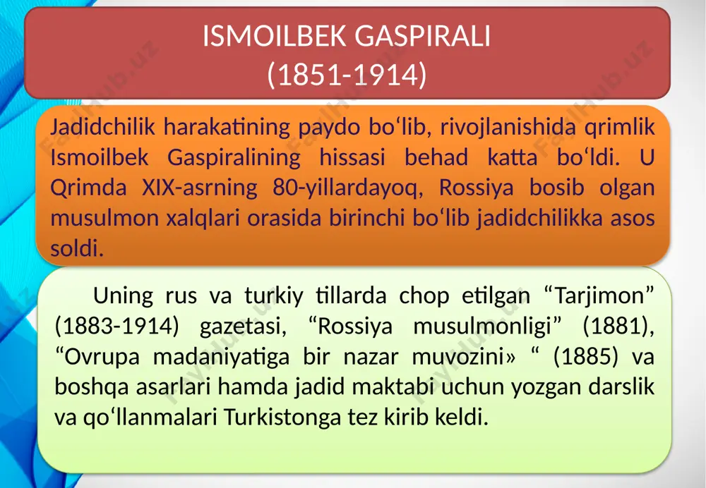 abdulvohid burxonov, hamza hakimzoda niyoziy, abdulla qodiriy, abdulhamid cho‘lpon va boshqalar. o‘zbek jadid dramaturgiyasi va teatriga ilk bor asos solgan mahmudxo‘ja behbudiy bo‘ldi. 1917 yil oktabr to‘ntarilishigacha jadidlar dramaturgiya sohasida o‘ttizdan ortiq drama, tragediya, komediya asarlari yozilgan va ularning ko‘pchiligi teatrlarda sahnalashtirilgan. bu kun o‘zbek teatriga asos solingan sana sifatida tarixga kirdi. uning “padarkush” dramasi birinchi bor 1914 yil 27 fevralda toshkentdagi “kolizey” teatrida qo‘yilishi juda katta madaniy-ma’rifiy voqea bo‘ldi. jadidlarning iqtisodiy ta’minot manbaini madaniy-ma’rifiy xayriya jamiyatlari, boy-badavlat kishilar tomonidan savob olish va millat nufuzini ko‘tarish uchun berilgan beminnat ehsonlar tashkil etgan edi. jadidchilik va jadidlar asosan o‘rta hol musulmon ziyolilari hamda dunyo ko‘rgan ilg‘or ruhdagi savdogardan iborat bo‘ldi. andijonlik mirkomil mirmo‘minboyev o‘z hisobidan yoshlarni ta’lim olishlari uchun katta miqdorda mablag‘ ajratgan. 1910-yilda buxoroda mudarris hoji rafiy, mirza ab-duvohid, hamidxo‘ja mehriy, usmonxo‘ja va muhammaddin maxdum kabilar «tarbiyai atfol» («bolalar tarbiyasi») jamiyatini tashkil qilib, 1911-yilda 15 nafar, 1912-yilda esa 30 nafar …