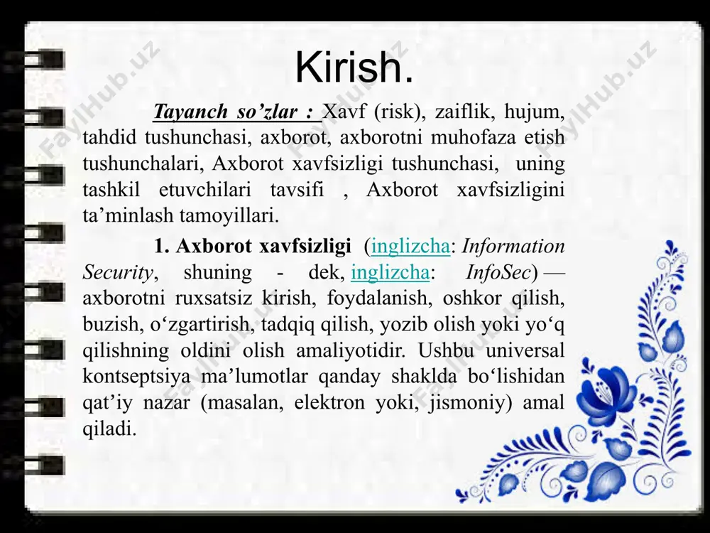 a texnologiyalari davlat qo’mitasi huzuridagi “elektron hukumat” tizimini rivojlantirish markazi va axborot xavfsiz-ligini ta’nimlash markazlarini tashkil etish chora-tadbirlari to’g’risida” gi qarori bilan markazlar tashkil etildi va faoliyati yo’lga qo’yildi. axborotni muhofaza qilish axborotni ixtiyoriy ko’rinishda yo’qotishda (o’g’irlash, buzish, qalbakilash- tirish) ko’riladigan zararning oldini olishni ta’minlashi lozim. axborotni muhofaza qilish choralari axborot xavfsizligiga oid amaldagi qonun va me’yoriy hujjatlar asosida va axborotdan foydalanuvchilarning manfaatlariga ko’ra tashkil etilishi zarur. yuqori darajada axborotni mufofaza qilishni kafolatlash uchun muntazam ravishda murakkab ilmiy – texnik vazifalarni hal etish va himoya vositalarini takomillashtirish talab etiladi. bugungi kunda axborot xavsizligini ta’minlaydigan uchta asosiy tamoil ya’ni ma’lumot butunligi, axborotning konfidensialligi va foydalanish huquqlariga ega barch foydalanuvchilan axborordan foydalana olishlari; bilan bir qatorda ayrim faoliyat sohalari (huquqni muhofaza qilish organlari, mudofaa va maxsus tuzilmalar, bank va moliya institutlari,axborot tarmoqlari, davlat boshqaruv tizimlari) ularda ko’riladigan masalalarning muhimligi va xarakteriga ko’ra, ularning axborot tizimlari faoliyati ishonchliligiga nisbatan yuqori talablar va xavfsizlik …