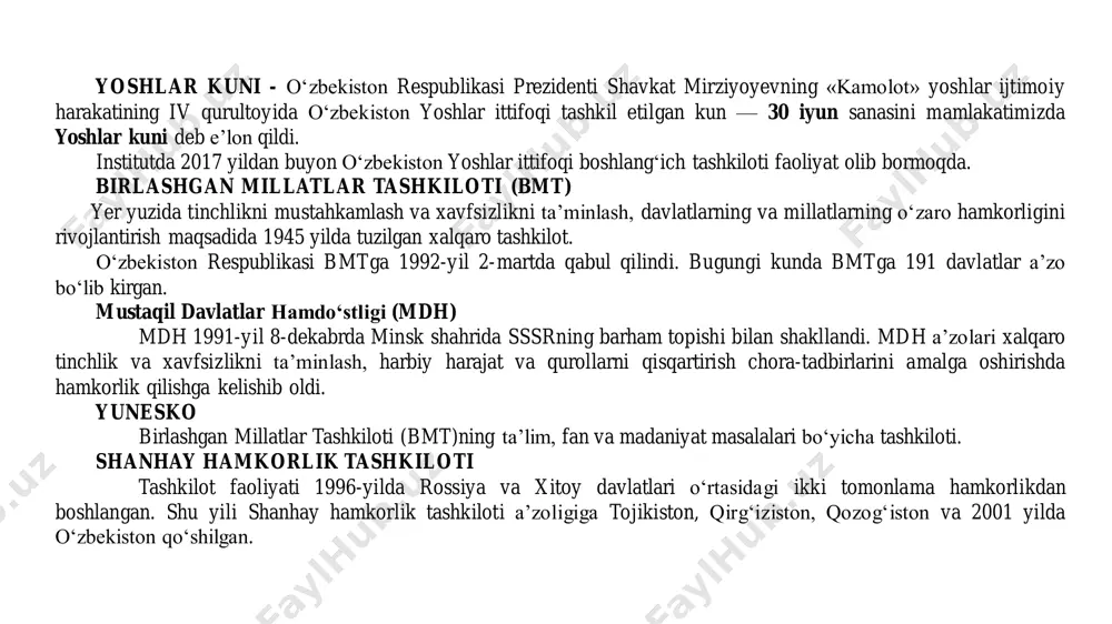 – tarbiya, iqtisodiy, siyosiy, falsafiy, diniy g‘oyalar majmui asosida kishilarning ong-bilimini, madaniyatini o‘stirishga qaratilgan faoliyat. madaniyat - (arabcha – madina shahrida tarbiya ko‘rishlik; shaharlik) so‘zi musulmonlarning muqaddas joyi – madina shahri nomidan kelib chiqqan. madaniyat moddiy va ma’naviy ishlab chiqarish, ijtimoiy va o‘zaro munosabatlar, siyosat, oila, axloq, xulq, huquq, ta’lim, tarbiya, ijod, ilm-fan, xizmat ko‘rsatish, turmush tarzi kabilar bilan bog‘liq keng qamrovli voqeadir. milliy g‘urur - millatning o‘z–o‘zini anglashi natijasida sodir bo‘ladigan doimiy ichki ruhiy ko‘tarinkilik. u o‘z ona zamini, avlod-ajdodlari tomonidan qoldirilgan moddiy, ma’naviy merosdan, o‘z millatining jahon sivilizatsiyasiga qo‘shgan ulushlaridan, o‘zga millatlar oldidagi qadr-qimmati, obro‘-e’tiboridan faxrlanish hissiyotidan iborat. milliy g‘oya – inson tafakkuri mahsuli, milliy g‘oya esa millat tafakkurining mahsulidir. mafkura - jamiyatdagi muayyan siyosiy, huquqiy, axloqiy, diniy, badiiy, falsafiy, ilmiy qarashlar, fikrlar va g‘oyalar majmui. “bilimdonlar uyi” yoki “donishmandlar uyi” sharqning fanlar akademiyasi hisoblangan “bayt-ul-xikma”- “bilimdonlar uyi” yoki “donishmandlar uyi” deb yuritiladi. yurtimizdan yetishib chiqqan islom olamining …