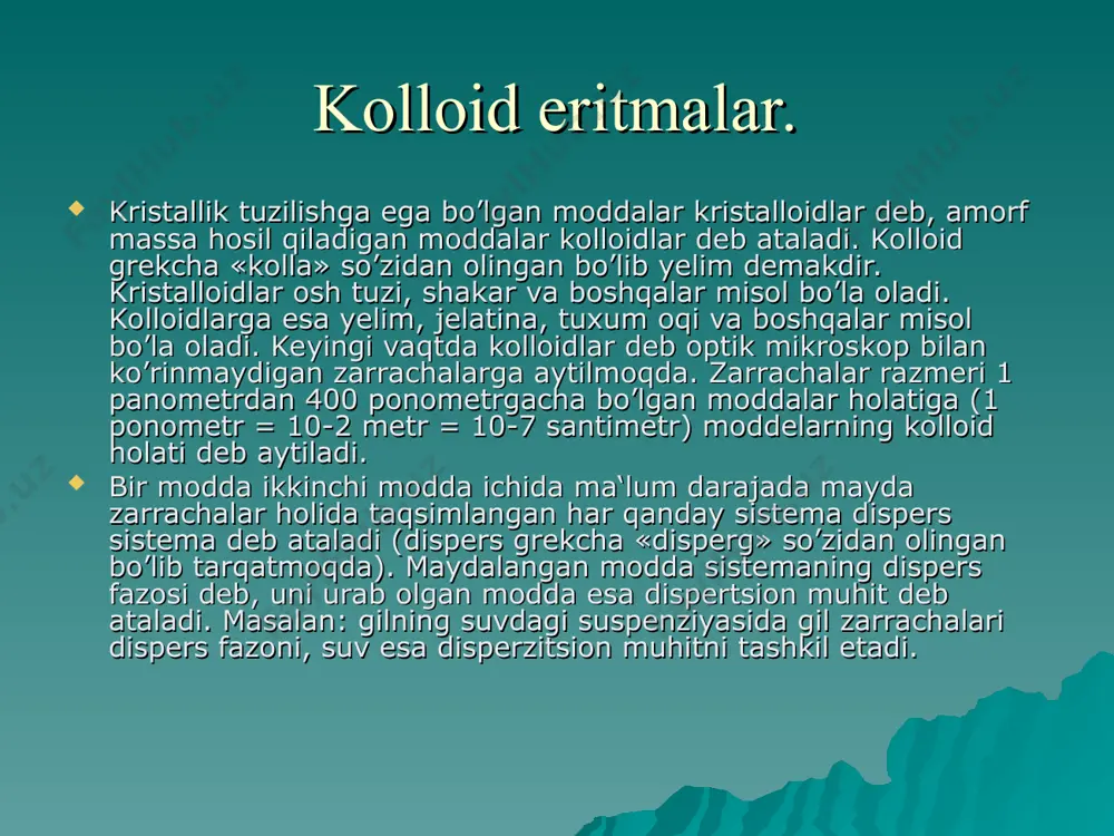 eritmada tura oladi. bu misolda fodorod ionlari qarshi ionlardir. zaryadlangan kolloid zarrachadan va uni muvozanat holatida ushlab turadigan ionlardan iborat sistema mitsella deb ataladi. mitsellaning struktura tuzilishi rasmda keltirilgan. mishyak (iii) sulfid mitsellaning formulasi quyidagicha: {[as2s3]m · x h s-}+ xh+ kolloidlarni o’rganish muhim ahamiyatga ega, chunki ular sanoat va texnikaning nihoyatda xilma-xil tarmoqlarida ko’p ishlatiladi. masalan: kun (teri oshlash) sanoati, rezina, to’qimachilik, sovungarlik, shisha, fotografiya, keramika sanoatlari, sun‘iy tola, plastik massa va boshqalar ishlab chiqarish sanoatining ana shunday tarmularidandir. bu ishlab chiqarishlarning ko’plarida kolloid ximiya nazariyalari texnologig protsesslarni oydinlashtirish va yaxshilashga yordam beradi. eritmalar kontsentratsiyasini ifodalash usullari. eritmaning miqdoriy tarkibi odatda kontsentratsiya bilan ifoda qilinadi. u quyidagi ko’rinishlarda bo’ladi: a) % - li kontsentratsiya - eritmaning 100 og’irlik qismida necha og’irlik qism erigan modda borligini ko’rsatadi. masalan: biror tuzning suvdagi 25% li eritmasi deganda 100 g eritmada 25 g tuz va 75 g suv borligi tushuniladi yoki 3% sas12 …