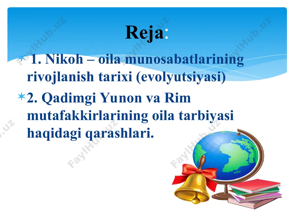 ga yetganlaridan keyin «polestra» kurash maktabi deb atalgan o’quv yurtiga o’tar edilar. bu o’quv yurtida ular 23 yil davomida jismoniy mashqlar bilan shug’ullanar edilar. 3.2. qadimgi yunon va rim mutafakkirlarining oila tarbiyasi haqidagi qarashlari suqroq (mill.avv. 447-399 y.) aristotel (mill.avv. 384-322) aflotun (platon) (mill.avv. 427-347) mark fabiy kvintilian (milodiy 35-96 y.) suqrot tarbiyadan kutilgan maqsad, buyumlar tabiatini o’rganish bo’lmay, balki kishining bilim olishi, axloqni kamol toptirishi bo’lmog’i lozim edi. suqrot faylasuf bo’lishi bilan birga ajoyib notiq ham edi. u pedagogika olamiga ana shunday savol-javob metodini ya’ni «evristik» suhbat metodini yangi (savol berish va savolni to’ldirish) metodini olib kirdi. u tarbiyada axloqiy, estetik, jismoniy tarbiya mezonini ishlab chiqdi. platon uning fikricha ideal davlat 3 xil ijtimoiy guruhlardan iborat bo’lishi: faylasuflar, jangchilar, hunarmandlar va dehqonlar guruhidan iborat bo’lishi lozim. faylasuflar davlatni boshqaradilar, jangchilar ularni har qanday dushmandan himoya qiladilar, uchinchi gurux esa mexnat qilib, mo’l xosil etishtirib faylasuflar va jangchilarni boqadilar degan …