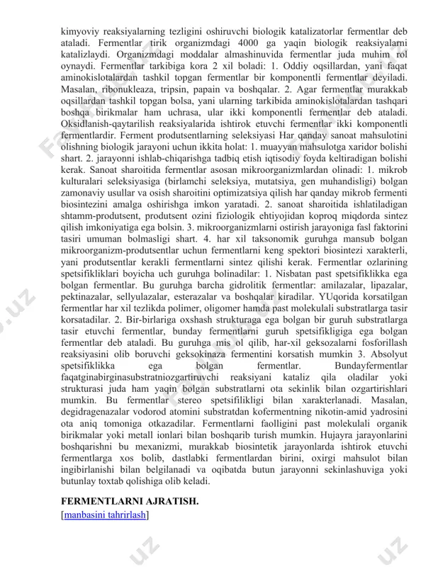 ortopedik moslama, korset va b. yordamida kilinadi. singan suyak boʻlaklarini jarroxlik yoʻli bilan biriktirib qoʻyish uchun maxsus vint, plastinka va b. qoʻllanadi. taxtakachlash ham i. ga yordam beradi. [1] 1. �ferment� atamasi xvii asrda gollandiyalik kimyogar gelmont tomonidan ovqat hazm qilish mexanizmini muhokama qilishda taklif qilgan. 2. xviii oxiri � xix boshlarida oshqozon shirasida ovqat qayta hazm bo�lishi, so�lak ta�sirida kraxmal shakarga (glyukozaga) aylanishi ma�lum bo�ldi. faqat qanday qilib amalga oshishi noma�lum bo�lgan. 3. xix asrda lui paster achitqi ta�sirida uglevodlarning etil spirtiga aylanishini o�rganib, bu jarayonni achitqi hujayrasi kataliz qiladi degan xulosaga kelgan. 4. bundan 100 yil oldin l. paster va m. bertlo, yu. libix spirtning bijg�ish jarayonida �ferment� va �enzim� atamalari har xil ma�noni anglatadi deb o�ylagan. 5. 1876 yili v. kyune �ferment� (lot. fermentum — achitqi) � �tirik ferment�, �enzim� (grekcha — achitqi) � �jonsiz ferment� deb atashni taklif qilgan. tirik organizmlarda sodir bo�ladigan barcha kimyoviy reaksiyalar …