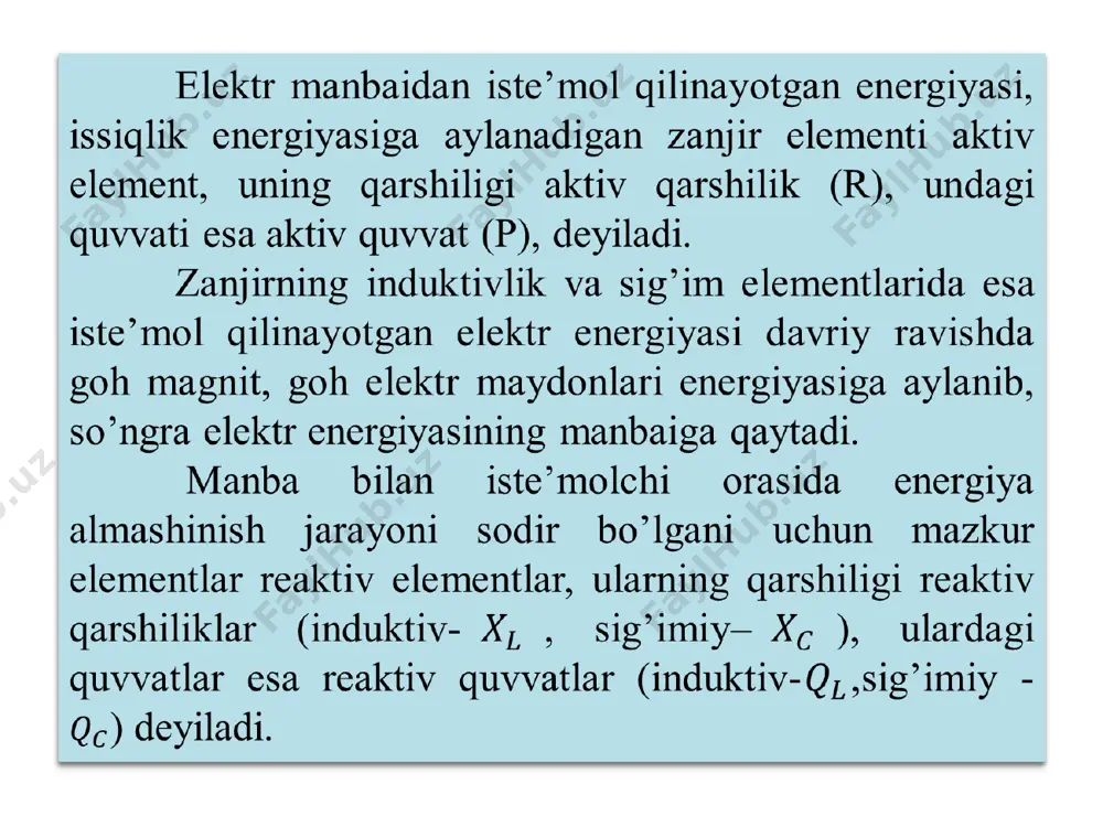 erishadi, yaʼni el=em. (3) ifodadagi lim=um zanjirdagi kuchlanishning amplituda qiymatidir. bundan zanjirdagi tokning taʼsir etuvchi qiymati (yoki zanjir uchun om qonuni)ni aniqlaymiz : (4) koʼpaytma induktiv gʼaltakning reaktiv qarshiligi yoki induktiv qarshilik deb atalib, xl bilan belgilanadi. oʼlchov birligi om(ком, мом): xl= (5) demak, gʼaltakning induktiv qarshiligi uning induktivligiga va oʼzgaruvchan tokning chastotasiga toʼgʼri proportsionaldir. uzgarmas tok zanjiriga ulangan kondensatordan juda qisqa vaqt ichida (sekundning ulushlari davomida), yaʼni kondensatorning zaryadlanish jarayoni tugab, sigʼim kuchlanish is zanjirga tashqaridan berilgan kuchlanish i ga tenglashgunga qadar tok oʼtadi. аgar kondensatorni sinusoidal kuchlanish bunda zanjirning elektr muvozanati holati kirxgofning ikkinchi qonuniga binoan quyidagicha ifodalanadi: (6) agar q=c∙u ekanligini va (24) formulani hisobga olsak, kondensator ulangan zanjirdagi tokning oʼzgarishini ifodalovchi tenglikni hosil qilamiz: (7) manbaiga ulasak, uning qoplamalari orasidagi zaryad q ham oʼzgaruvchan boʼladi (1-rasm, a). zaryad q ning oʼzgarishi elektr zaryadlarining siljishiga, yaʼni manbadan oʼtuvchi tokka bogʼliq. demak, kondensator ulangan zanjirdagi tok kuchlanishdan faza …