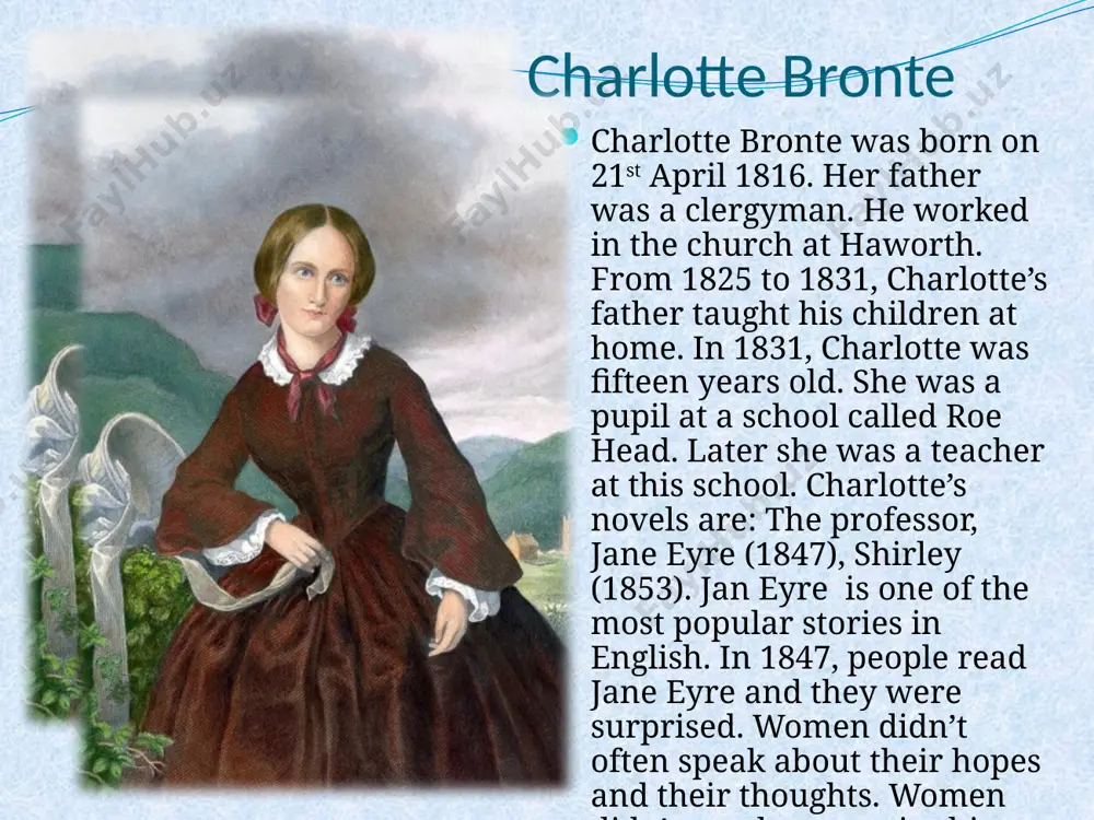 apters and most editions are at least 400 pages long. the origial publication was in three volumes, comprising chapters 1 to 15, 16 to 26, and 27 to 38; this was a common publishing format during the 19 century www.arxiv.uz at lowood, jane soon finds that life is hard but she attempts to fit in, and befriends an older girl helen burns, who is able to accept her punishment philosophically. during a school inspection by mr brocklehurst, jane accidentally breaks her slate, thereby drawing attention to herself. he then stands her on a stool, brands her a liar and shames her before the entire assembly. www.arxiv.uz after 6 years as a student and 2 as a teacher, jane desides to leave lowood, like friend and confidante miss temple who recently got married. she advised her services as a governess and receives one reply, the housekeeper at thornfield house. www.arxiv.uz jane …