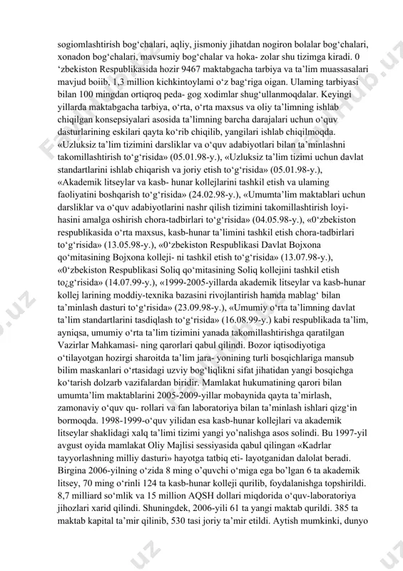 ’qishmoqda. bir necha ming talaba 3 oydan bir yilgacha xorijiy o’qpv yurtlarida ta’lim olmoqda. mustaqillik yillarida bozor iqtisodiyotiga o’tish mulkchilikning xususiy shakllari ishlab chiqarishini kengaytirish sharoitida o’rta hunar ta’limini yanada takomillashtirishni ham talab qila boshladi. bu muammo, ayniqsa, qishloq joylarida muhim ahamiyat kasb et- moqda. qishloqda kichik va xususiy tadbirkorlikni rivojlantirishga ko’maklashish, qishloq yoshlarini faol tadbirkorlik faoliyatiga jalb etish uchun 1995-yildan boshlab qishloq yerlarida joylashgan hunar- texnika bilim yurtlari va o‘rta maxsus o’quv yurtlari faoliyatini tub- dan qayta isloh qilish amalga oshirildi. har bir viloyat va tumanlarda tadbirkorlik o’quv yurtlari, kasb lit- seylari, biznes maktablar kichik va o’rta biznes, fermerlik xo’jaliklari, aholiga xizmat ko’rsatish sohalari uchun kollejlar ochildi. shu kunlarda 160 ta ana shunday hunar litseylari biznes- maktablari va 41 ta kollej faoliyat ko’rsatmoqda. ularda 112,3 ming yigit-qiz o’qimoqda. umuman mamlakatda xalq xo’jaligi talablari uchun 466 hunar-texnika bilim yurti kadr tayyorlab bgra boshladi. yana shuni aytish lozimki istiqlol yillarida o’zbekistonda …