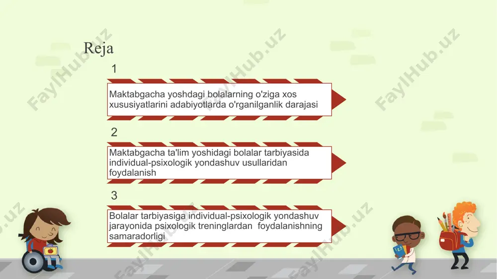 jihatdan keng qamroqli tahlil va tadqiq etilmagan. bu hol 5 -7 yoshli bolalarning ma’naviy va amaliyo faoliyatga salbiy ta’sir etadi. bu esa muammoning dolzarbligini koʻrsatadi. aka shu muammoning nazariy va amaliy jihatdan oʻrganish maqsadida ilmiy tadqiqot mavzusini “maktabgacha yoshdagi bolalarda kun tartibiga rioya qilish malakalarini oʻstirish” deb belgiladik. tadqiqot maqsadi: maktabgacha yoshdagi bolani maktabga tayyorlashda bolalar tarbiyasiga individual-psixologik yondashuvni amalga oshirish usullari va ularning samaradorligiga qoʻyilgan talablar va rioya qilish usullarini ishlab chiqish 6 tadqiqotning obyekti maktabgacha , yoshdagi bolani maktabga tayyorlashda tarbiyaga individual-psixologik yondashuv va unga rioya qilish jarayoni. tadqiqot predmeti maktabgacha yoshdagi bolalar tarbiyasida individual yondashuvning nazariy-psixologik asoslari. 7 maktabgacha yoshdagi bolalarning o'ziga xos xususiyatlarini adabiyotlarda o'rganilganlik darajasi 8 9 3-7 yoshgacha bo‘lgan davr bog‘cha yoshi davri hisoblanadi. maktabgacha yoshdagi bolalar psixologiyasida juda tez sifat o‘zgarishlari bolishini inobatga olgan holda 3 davrga: 3-4 yosh kichik maktabgacha davri 4-5 yosh kichik bog‘cha yoshi o‘rta maktabgacha davr( o‘rta bog‘cha yoshi) …