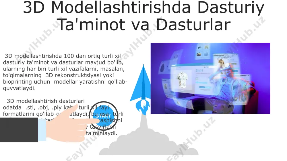 n 2000 dan ortiq kesmalarni birlashtirib, yuqori aniqlikdagi 3d modellari yaratiladi. tibbiy 3d modellashtirish bemorning individual anatomik xususiyatlarini hisobga olgan holda 10 mikrongacha aniqlikda shaxsiylashtirilgan implantlar va protezlarni loyihalashda qoʻllaniladi. protezlar va implantatsiyalarni lohiyalash individual implantatsiyalarni loyihalash va jarrohlik rejalashtirish uchun 3d chop etish texnologiyalari qo'llaniladi, bu esa jarrohlik amaliyotining davomiyligini 20-30% ga qisqartiradi va asoratlar ehtimolini kamaytiradi. 3d modellashtirish jarayonida bemorning individual anatomik xususiyatlarini hisobga olgan holda, protezlar va implantatlarni aniq o'lcham va shaklda, masalan, 0.1 mm aniqlikda yaratish mumkin. 06 05 04 3d modellashtirishning asosiy tushunchalari 01 02 3d skanerlash texnologiyalari ob’ektlarning geometrik ma’lumotlarini 3d nuqta buluti sifatida oladi va keyinchalik ushbu bulutdan 3d model yaratish uchun turli algoritmlar qo'llaniladi, masalan, nurbs yoki polygonli modellashtirish. 3d modellashtirishda polygonlar soni modelning murakkabligi va realistikligini aniqlaydi; yuqori polygonli modellarning protsessorga yuklamasi yuqori bo'ladi, 1 million polygonli model oddiy kompyuterlarda sekin ishlaydi. jarrohlik rejalashtirish va simulyatsiyasi 3d chop etilgan anatomik modellardan …