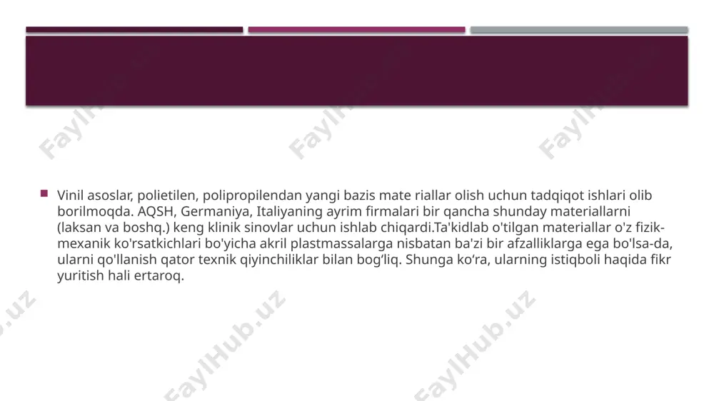 s materiali boʻlib keldi. keyingi yillarda akrilatlar asosida yangi bazis materiallar yaratilgan. akp-15 (etakril), akrel, ftoraks shular jumlasiga kiradi. akrel - bazis plastmassa, bir-biriga tikilgan polimer zanjirli sopolimer hisoblanadi, bu uning fizik-mexanik xossalarini oshiradi. polimer toʻrsimon (tikilgan) strukturasining hosil boʻlishi tikadigan agent (metilolmetakrilamid) yordamida polimerlanishjarayonida ro'y beradi. akrel plastmassasida tikadigan agent monomerga kiritilgan va reaksiyada qoliplash massasi polimerlangandagina reaksiyaga qatnashadi. kukunni sanoat usulida olinganda, tikadigan agent kiritilmaydi, chunki polimerning hosil bo'ladigan strukturasi ko'proq issiqqa chidamli, qattiqligi yuqori bo'ladi va polimer metilmetakrilatda bukish xususiyatini yo'qotadi. bunday kukunlarni yuqori bosim va haroratda ishlatish mumkin va odatdagi tish texnikligi laboratoriyalarida undan foydalanib bo'lmaydi. elastik plastmassalar. ortopedik stomatologiyada elastikplastmassalar olib qo'yiladigan protezlarning bazislari ostidagiamortizatsiya qiladigan yumshoq qistirmalar, jag'-yuz protezlari,obturatorlar, elastik pelotlar va boshqalarni tayyorlash uchunqoʻllaniladi. og'iz bo'shlig'ida foydalaniladigan tish protezlarini tayyorlash uchun elastik materiallar quyidagi talablarga javob berishi kerak: 1) organizm uchun bezarar bo'lishi; 2) protez bazisi bilan chambarchas birikish xususiyatiga ega bo'lishi; 3) …