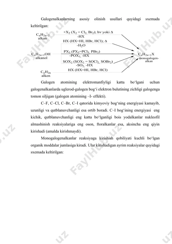 bromidning ishqoriy muhitda gidrolizlanishi asosan sn2–mexanizm bo‘yicha boradi: bu reaksiyaning tezligi ikkita zarracha (ho:- va ch3br) ning konsentratsiyasiga bog‘liq. vkch3br:oh- shuning uchun bu mexanizm sn2–(bimolekulyar nukleofil almashinish) deyiladi. uchlamchi galogenalkanlarning gidrolizlanishi sn2–mexanizmda bormaydi. chunki uchta hajmli alkil guruhlari molekulaning galogenga qarama-qarshi bo‘lgan tomonini to‘sib, ˉ:ohning qisman musbat zaryadlangan uglerod atomiga yaqinlashuvini qiyinlashtiradi. shuning uchun uchlamchi galogenalkanlarning, (masalan, uchlamchi butil bromidning) ishqoriy muhitda gidrolizlanishi sn1–mexanizmda ikki bosqichda boradi. birinchi (sekin boradigan) bosqichda faqat bitta modda (uchlamchi butil bromidi) molekulasida kovalent bog‘ uzilgani uchun bunday mexanizm monomolekulyar deyiladi: o‘tish solvatlangan holati ionlar tez boradigan ikkinchi bosqichda karbokation nukleofil bilan reaksiyaga kirishib, uchlamchi butil spirtni hosil qiladi: bu ikki bosqichli reaksiyaning tezligi faqat uchlamchi butil bromidning konsentratsiyasiga (uning ionlanish tezligiga) bog‘liqbo‘lib, :oh- ionlarining konsentratsiyasiga bog‘liq emas: vk(ch3)3cbr galogenalkanlarni degidrogalogenlash. galogenalkanlar koh yoki naoh ning spirtdagi eritmasi bilan qizdirilganda, vodorod galogenid ajralib, alkenlar hosil bo‘ladi: agar bir necha izomer alkenlarning hosil bo‘lishi kutilsa, degidrogalogenlanish …