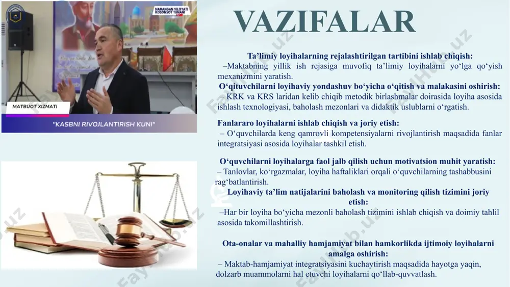 . amaliy: loyiha mavzularini standart va o‘quv dasturlari bilan bog‘lab tanlash direktor maktabning o‘ibdo‘ metod birlashma rahbarlari 2025-2026 o‘quv yilidan har chorak boshida loyiha ishlari rejalashtiriladi, tartibli va tizimli amalga oshadi 2 o‘quvchilarning loyiha faoliyatida faol ishtirok etmasligi i. tashkiliy: o‘quvchilarning qiziqishiga mos mavzularni aniqlash uchun so‘rovnoma o‘tkazish ii. amaliy: eng yaxshi loyihalarni maktab sahnasida taqdim etish, rag‘batlantirish psixolog, sinf rahbarlari, fan o‘qituvchilari 2025-yil may oyidan boshlab o‘quvchilarning loyiha faoliyatiga qiziqishi ortadi, ishtirokchilar soni ko‘payadi 3 ota-onalar va mahalla vakillarini loyihalarga jalb qilinmasligi i. tashkiliy: loyiha mavzularini mahalliy muammolar bilan bog‘lash ii. amaliy: ota-onalar va mahalla faollarini loyiha taqdimotlariga jalb etish sinf rahbarlari, mahalla raisi, maktab psixologi 2025-yil may oyidan boshlab har chorakda 1 marotaba hamkorlik mustahkamlanadi, ijtimoiy sheriklik kuchayadi chora-tadbirlar rejasi xulosa maktabda taʼlimiy loyihalardan samarali foydalanish o‘quvchilarning mustaqil fikrlashi, amaliy ko‘nikmalari va ijodkorligini rivojlantiradi. loyihaviy yondashuv maktab hayotiga joriy etilganda, o‘quv jarayoni mazmunli va samarali bo‘ladi. bu esa …