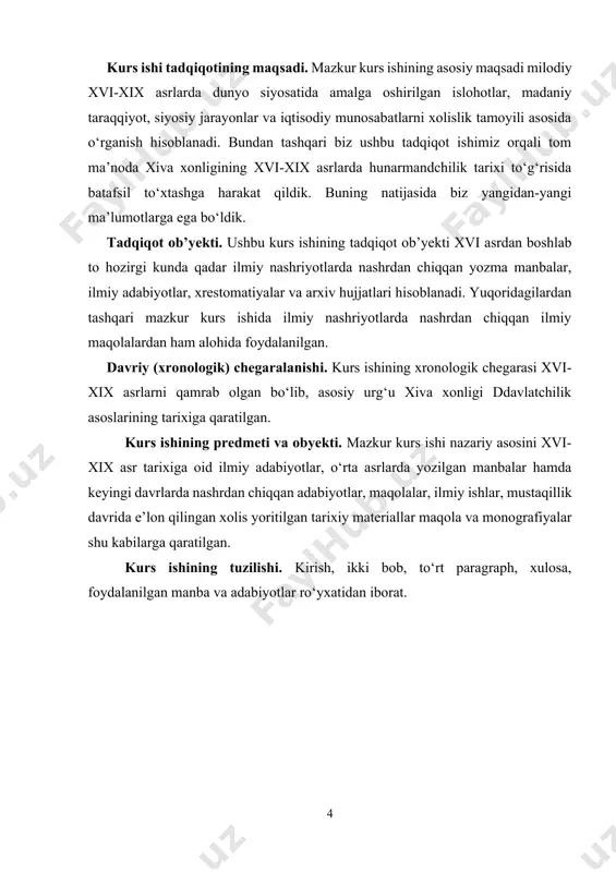 an. davriy (xronologik) chegaralanishi. kurs ishining xronologik chegarasi xvi-xix asrlarni qamrab olgan bo‘lib, asosiy urg‘u xiva xonligi ddavlatchilik asoslarining tarixiga qaratilgan. kurs ishining predmeti va obyekti. mazkur kurs ishi nazariy asosini xvi-xix asr tarixiga oid ilmiy adabiyotlar, o‘rta asrlarda yozilgan manbalar hamda keyingi davrlarda nashrdan chiqqan adabiyotlar, maqolalar, ilmiy ishlar, mustaqillik davrida e’lon qilingan xolis yoritilgan tarixiy materiallar maqola va monografiyalar shu kabilarga qaratilgan. kurs ishining tuzilishi. kirish, ikki bob, to‘rt paragraph, xulosa, foydalanilgan manba va adabiyotlar ro‘yxatidan iborat. i bob. xiva xonligining tashkil topishi. siyosiy jarayonlar 1.1. xiva xonligining tashkil topishi xorazm hududida jami 20 ga yaqin o‘zbek qabilasi istiqomat qilar edi. ular orasida qo‘ng‘irot, mangit, nayman, qipchoq va qiyot qabilalari ko‘p sonli va eng kuchli qabilalar bo‘lgan. shayboniyxon bosqini arafasida xorazm temuriy sulton husayn boyqaro boshliq xuroson davlati tasarruflda edi. xorazmda qo‘ng‘irot qabilasidan chiqqan chin so‘fi hokim edi. u rasman husayn boyqaro noyibi hisoblanardi. 1505-yili shayboniyxon, 1510-yilda esa …