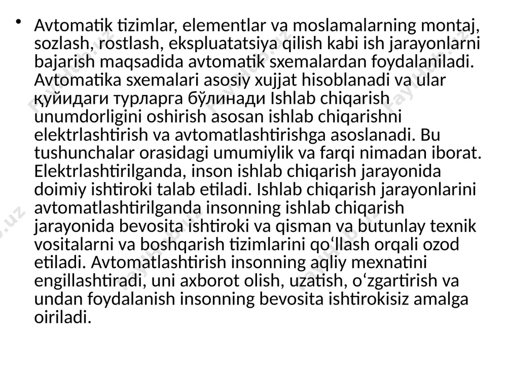 ardan tashkil topadi: elementlaming va ular orasidagi aloqalaming shartli belgilari, tushuntirish yozuvlari, berilgan sxemaning boshqa sxemalarda shlatiluvchi qismi hamda boshqa sxemalaming elementlari, ko'p pozitsiyali qurilmalar kontaktlarini almashlab -ulagichlaming diag rammalari, berilgan sxemada qo'llanuvchi asboblar, avtomatlashtirish vositalarining ro'yxati, berilgan sxemaga tegishli bo'lgan sxemalar, umumiy tushunchalar, ilovalar. /docprops/thumbnail.jpeg