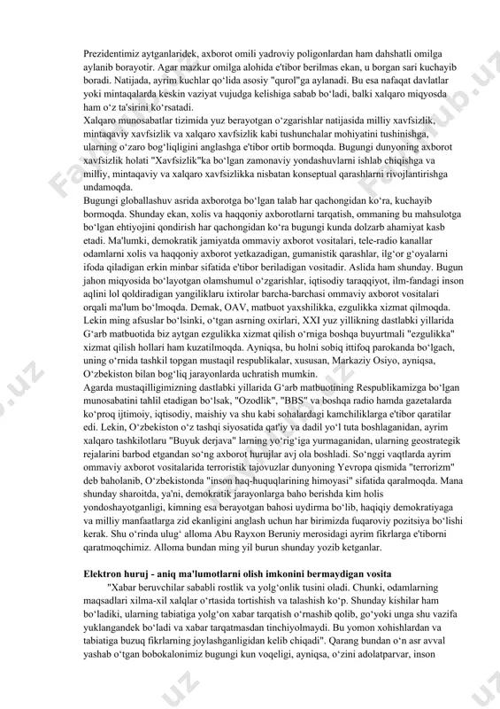 ‘lishi mumkin. axborot-psixologik ta’sir o‘tkazishda siyosiy va harbiy rahbarlar, shuningdek, oav, madaniyat va san’atning ko‘zga ko‘ringan vakillari asosiy obyekt bo‘lib hisoblanadi. shu o‘rinda aytib o‘tish joizki, keyingi paytlarda mamlakatimizga nisbatan ham axborot-psixologik tahdidlar sodir etilmoqda. bu jarayonga prezidentimiz islom karimov quyidagicha izoh bergan: “jahon geosiyosatida xalqlarni ma’naviy-mavkuraviy jihatdan tobe etishga intilish va bugungi kunda dunyoni shunday asosda bo‘lib olishga urinishlar davom etmoqda. buning uchun ular hozirgi zamon ommaviy axborot vositalari, ularning yutuqlaridan hamda turli xil markazlar, ayni paytda o‘zaro hamkorlikka yo‘naltirilgan ijtimoiy, madaniy, iqtisodiy vositalardan foydalanish orqali dunyoning turli hududlarida o‘zlariga mos mafkuraviy muhitni shakllantirish maqsadlarini ham ko‘zlamoqdalar. barchamiz bugungi hayot oldimizga qo‘yayotgan bir achchiq haqiqatning ma’no-mazmuniga yetib borishimiz zarur. bu achchiq haqiqat shundan iboratki, agarda kimda-kim bizning mustaqil taraqqiyot yo‘limizni, orzu-maqsadlarimizga erishish yo‘lini, yangi jamiyat qurish yo‘lini to‘smoqchi bo‘lsa, avvalo, hali suyagi qotmagan, mustaqil dunyoqarashi shakllanib ulgurmagan yoshlarimizning qalbi va ongining mo‘rtligidan foydalanib, ularning ma’naviyatini buzib, bizning azaliy tabiatimizni …