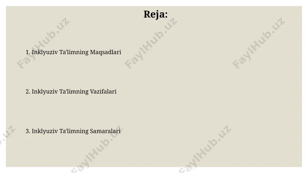 ta’limning samaradorligini baholash uchun quyidagi ko‘rsatkichlar qo‘llaniladi: o‘quvchilarning akademik yutuqlari (o‘rtacha ballar), ijtimoiy moslashuvchanligi va qatnash darajasi (80% dan yuqori). inklyuziv ta’limning kelajakdagi istiqbollari 2030-yilgacha barcha bolalar uchun sifatli ta’limga erishishni, shu jumladan, kamida 15% nogiron bolalarni qamrab olishni o‘z ichiga oladi. barcha o'quvchilar uchun teng imkoniyatlar barcha o'quvchilar uchun teng imkoniyatlarni ta'minlash, kamida 90% o'quvchilarning o'quv dasturiga moslashtirilgan individual ehtiyojlarini qondirishni nazarda tutadi. teng imkoniyatlarni ta'minlashda differensiatsiyalashgan yondashuv muhim: o'quv rejasi kamida 5 ta turli o'rganish uslublariga moslashtirilgan bo'lishi kerak. inklyuziv ta'limning maqsadi inklyuziv ta'lim, kamida 90% o'quvchilarning o'z qobiliyatlariga moslashtirilgan o'quv dasturlarini taqdim etish orqali, ta'lim sifatini yaxshilash va teng imkoniyatlarni ta'minlashga qaratilgan. inklyuziv ta'limning muhim maqsadlaridan biri, bolalar o'rtasida o'zaro hurmat va hamkorlikni rivojlantirish, ularning ijtimoiy-emotsional rivojlanishiga ijobiy ta'sir ko'rsatuvchi kamida 5 ta asosiy kompetensiyani shakllantirishdir. inklyuziv ta'limdagi to'siqlar va ularni bartaraf etish ijtimoiy-madaniy to'siqlar, masalan, nogironlikka nisbatan salbiy munosabatlar (30% hollarda kuzatiladi) va oilaviy qo'llab-quvvatlashning yetishmasligi, …