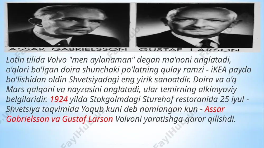 talab qilmaslikka rozi bo'ldi. ? yangi avtomobilning shassi chizmalari ushbu shartnoma imzolanishidan olti oy oldin tayyor edi. 1927 yil 14 aprelda birinchi ishlab chiqarilgan volvo avtomobili paydo bo'ldi - bu shvetsiyada avtomobil sanoati paydo bo'lgan yil edi. o'sha kuni xisingen orolidagi zavod darvozalari ochildi, gothenburg. darvozadan birinchi volvo mashinasi dumalab chiqdi. bu to'rt silindrli dvigatelli ochiq fayton edi. savdo menejeri hilmer yoxansson haydab ketayotgan edi. uni loyihalashda dizayner mass-olle amerika usullarini boshqargan. avtomobil yon klapanli 1,9 litrli 4 silindrli dvigatel bilan jihozlangan. "ov-4" belgisi ostida u ochiq korpus bilan taklif qilindi, "pv-4" versiyasi sedan edi. matbuot vakillari mashina kutayotgan joyga qisqa yo‘l voqeasiz o‘tdi. biroq kechasi mashinani yig‘ishga mas’ul bo‘lganlar uchun oson kechmadi. yig'ish uchun zarur bo'lgan so'nggi qismlar kechasi stokgolmdan poezdda yetib kelgan edi. mashinani yig‘ish bilan birga kelgan shoshqaloqlik o‘zini his qildi: muhandis erik karlberg ertalab mashinani ko‘zdan kechirib, sinovdan o‘tkazishga qaror qilganida, u faqat orqaga qarab harakatlana …