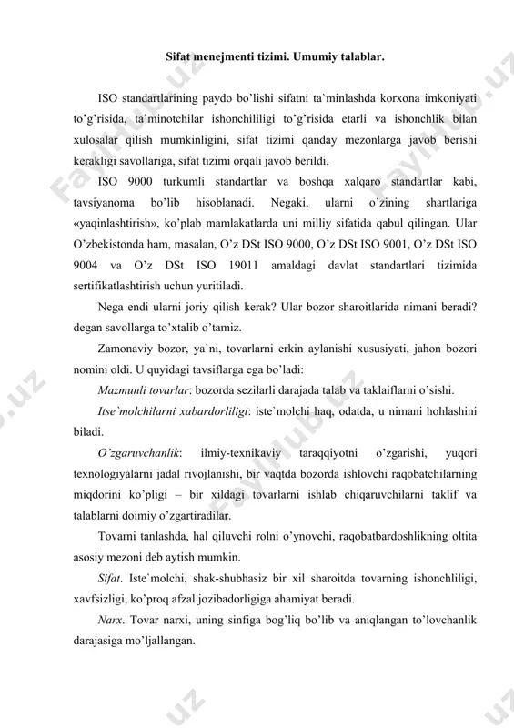 ning ustunlikka egaligi, ya`ni iste`molchiga ekspluatatsiya qilish arzon tushadi. xizmat ko’rsatish qulayligi. bu erda texnik xizmat ko’rsatish va mahsulotni ta`mirlash, hamda uni mumkin bo’lgan tarmoq punktlari mavjudligi jiddiy o’rin tutadi. ishonish. ishonish tayyorlovchining obru-e`tiborini, davomiylik natijasida shakllanishi va bozor ishlaridan hech kamchilik topib bo’lmaslik deb ta`riflanadi. ishonchni qozonish usullaridan biri mahsulotni sertifikatlashtirish yoki tayyorlovchini nufuzli idoralar tomonidan sifat tizimini sertifikatlashidir. keltirilgan raqobatbardoshlik mezonlarining birinchi uchtasi (sifat, narx, etkazish muddati) odatda, muhim bo’lib hisoblanadi. bunda mahsulot sifati eng yuqori muhim ahamiyatga ega bo’ladi. sifatga berilgan ustunlik strategiyasi, bu jahon bozorida korxona taklifi turg’unligi davomiyligini ta`minlaydi. agarda ustunliklar o’zgarsa, masalan, sifatga ziyon etkazilib tannarxni tushib ketishi hisobida yuqori foyda olinsa, u holda bir qancha vaqt samara berishi mumkin, lekin, oxirida korxonani bozordan chiqib ketishiga to’g’ri keladi. bunday strategiya «korxonalar-parvonalar» uchun tavsiflangan va qo’yiladigan masala – qisqa vaqt bozorda bo’linib maksimum foyda olishdir. bunday shaklda, jahon bozori sharoitlarida o’zbekiston iqtisodiyotining integrallashishida, korxonalar uchun, …