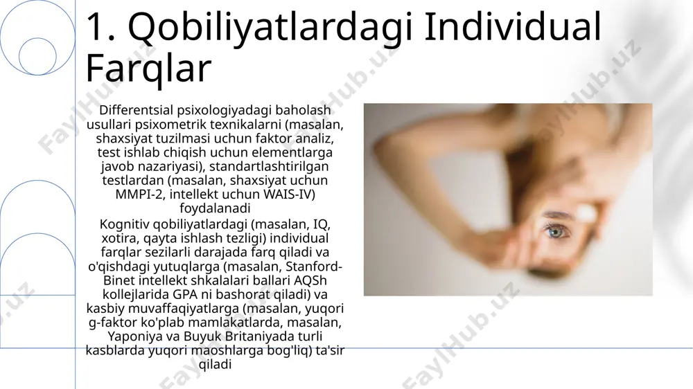 r shkalalari) orqali o'lchanadi va sezilarli individual farqlarni ko'rsatadi; kognitiv uslublar (masalan, maydon bog'liqligi/mustaqilligi, o'rganish uslublari) turli xil populyatsiyalarda (masalan, afrika, osiyo va yevropa bo'ylab madaniy taqqoslashlar) axborotni qayta ishlash va muammolarni yechishga ta'sir qiladi temperament va shaxsiyat: temperament (masalan, reaksiyaga kirishish, oʻzini tarbiyalash) keyinchalik shaxsiyatning biologik asosini tashkil qiladi; erta bolalik tajribalari (masalan, londonda birikish uslublari, qishloq xitoyida ota-ona tarbiyasi uslublari) genetika bilan oʻzaro taʼsir oʻtkazib, turli madaniy kontekstlarda (masalan, kollektivist va individualist madaniyatlarda) kattalar shaxsiyatini shakllantiradi 7. genetika va muhit genetik moyillik (xususiyatlarga qarab irsiyat darajasi farq qiladi, masalan, aql-idrok uchun 40-60%, bo'y uchun 80%) atrof-muhit omillari (masalan, ijtimoiy-iqtisodiy holat, minnesotadagi ovqatlanish, londondagi ta'lim) bilan o'zaro ta'sirlashib, kognitiv qobiliyatlar (iq ballari, fazoviy fikrlash) va shaxsiyatdagi (beshta asosiy xususiyat, nevroz) individual farqlarni shakllantiradi gen-muhit korrelyatsiyalari (passiv, chaqiruvchi, faol) genetik moyillikning shaxs tajribalarini qanday shakllantirishini ko'rsatadi e'tiboringiz uchun rahmat @taqdimot_robot image1.png image2.jpg image3.jpg image4.jpg image5.jpg image6.jpg image7.jpg image8.jpg
