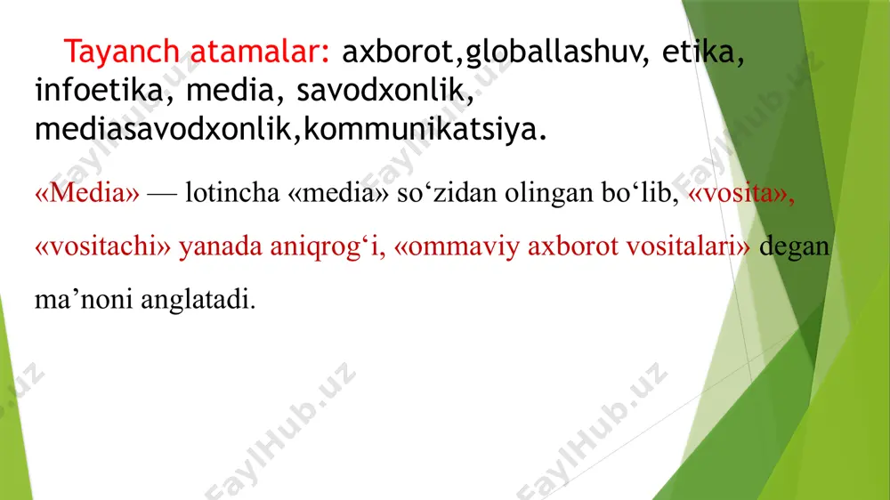 risida» yevropa ittifoqi parlamenti assambleyasining tavsiyalari, «bola huquqlari to‘g‘risida» bmt konvensiyasini, «yoshlarni himoyalash to‘g‘risida» germaniya, «voyaga yetmaganlarni ommaviy axborotning salbiy ta’siridan himoyalash to‘g‘risida» litva va «bolalarni sog‘lig‘i va rivojlanishiga ziyon yetkazuvchi axborotdan himoyalash to‘g‘risida» rossiya qonunlarini tilga olish mumkin. ma’lumki, milliy qonunchiligimizda ham yoshlarni nosog‘lom axborotlardan himoyalashning mexanizmlari mavjud. xususan, «o‘zbekiston respublikasida yoshlarga oid davlat siyosatining asoslari to‘g‘risida»gi qonunda «o‘zbekiston respublikasida yoshlar orasida odob-axloqni buzishga, shu jumladan, zo‘ravonlikni, hayosizlikni va shafqatsizlikni tashviqot qilishga qaratilgan har qanday xatti-harakatlar man etilishi», «bola huquqlarining kafolatlari to‘g‘risida»gi qonunda «pornografiya, shafqatsizlik va zo‘ravonlikni namoyish etuvchi, inson qadr-qimmatini tahqirlovchi, bolalarga zararli ta’sir ko‘rsatuvchi va huquqbuzarliklar sodir etilishiga sabab bo‘luvchi ommaviy axborot vositalaridan foydalanish, adabiyotlarni tarqatish hamda filmlarni namoyish etish taqiqlanishi» belgilab berilgan. dunyoda media-ta’limini ahamiyati turli xalqaro tashkilotlar yunesko tashkilotining rezolyutsiya hamda tavsiyalarida media-ta’lim muhimligi alohida ta’kidlanib, media-ta’lim rivojlanishini qo‘llab-quvvatlagan (mediaeducation barcha turlari elektron, bosma, grafik, media va boshqalar) hamda turli texnologiyalar bilan uzviy bog‘langan holda …