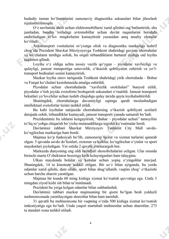 arni saralashni shu bosqichdan boshlash, har bir hududda ikkitadan gimnastika maktabi tashkil etish masalalari muhokama qilindi. joriy yil fransiyada bo‘ladigan olimpiya o‘yinlarida qatnashadigan sportchi va ularning murabbiylariga alohida sharoit yaratish, munosib tayyorgarlik ko‘rishini ta’minlash bo‘yicha mutasaddilarga ko‘rsatmalar berildi. shundan so‘ng prezident shavkat mirziyoyev ekologik vaziyatni yaxshilash bo‘yicha amalga oshirilayotgan chora-tadbirlar bilan tanishdi. so‘nggi vaqtlarda ekologik muammolar, ayniqsa, havo tozaligi keng jamoatchilikni tashvishga solmoqda. ekologik xavfsizlik talablariga javob bermaydigan avtotransport vositalaridan chiqayotgan zararli gazlar va yo‘llardagi tirbandliklar buning asosiy sabablaridan biridir. shu bois davlatimiz rahbarining tashabbusi bilan ekologik vaziyatni yaxshilash bo‘yicha kompleks chora-tadbirlar ko‘rilmoqda. jumladan, avtotransport vositalarining zararli tashlanmalari bilan bog‘liq ekologik muammolarni bartaraf etish maqsadida toshkent shahri mirobod tumani fayzobod mahallasida joylashgan yo‘l harakati xavfsizligi boshqarmasining ro‘yxatdan o‘tkazish va imtihon olish bo‘limi mutlaqo yangi uslubda ishlovchi zamonaviy diagnostika markaziga aylantirildi. davlatimiz rahbari markaz faoliyati bilan tanishdi. markaz faoliyatini tashkil etishda germaniya, belgiya, fransiya kabi rivojlangan mamlakatlar shaharlarining ekologik muhitini muhofaza …