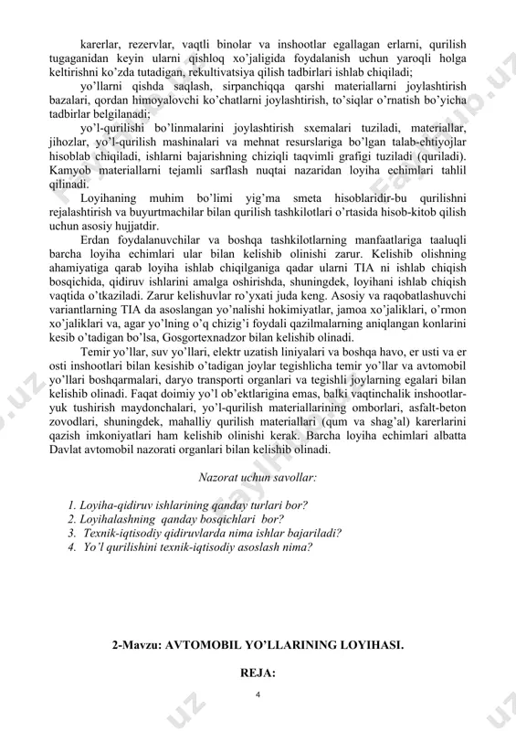 n mahalliy sanoat qo’shimcha mahsulotlari mavjudligi to’g’risidagi ma’lumotlar to’plangan bo’lishi, qurilishni taxchil materiallar, metall va temir-beton materiallar, elektr energiyasi va suv bilan ta’minlash manbalari mo’ljallab qo’yilishi, qurilishning ishlab chiqarish bazasini tashkil etish sharoitlari aniqlashtirilgan bo’lishi kerak. trassanining tavsiya etiladigan varianti tabiiy resurslardan oqilona foydalanish, avtomobil yo’llari qurilishi va undan foydalanishning atrof muhitga (havoga, suvga, tuproqqa, o’simlik va hayvonot dunyosi hamda hokazolarga) salbiy ta’sirining oldini olish bo’yicha texnik echimlar kompleksini ko’zda tutishi kerak. shunday qilib, texnik-iqtisodiy asoslash juda muhim xujjat bo’lib, unda yo’l qurilishi bo’yicha barcha asosli echimlari qabul qilinadi va asoslanadi. loyihalashning keyingi bosqichlari faqat tia da belgilangan echimlarni aniqlashtiradi va batafsillashtiradi. avtomobil yo’li qurilishi uchun texnik-iqtisodiy asoslash va muhandislik qidiruv ishlari materiallari asosida ishlab chiqiladigan loyihada tia da belgilangan yo’nalish bo’yicha yo’l qurilishining texnik jihatdan mumkinligi to’la-to’kis isbotlab berilishi kerak. u ikki bosqichda ishlab chiqiladi-loyihani qiymatning yig’ma hisoblanishi bilan tuzish va ish hujjatlarini smetalar bilan tuzish. loyiha yo’lning joydagi …