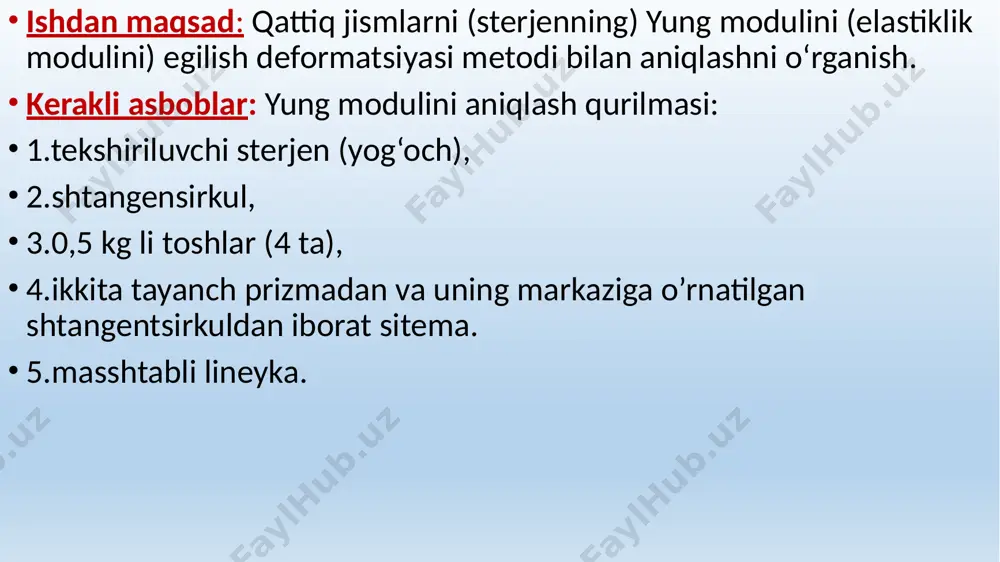 zaga keladi. 5. egilish-deformatsiyasi o’qi neytral bo’lgan, o’qning qarama-qarshi tomonlaridagi yon sirtlarga son qiymati jihatidan ortib boruvchi o’qqa parallel kuchlar ta’sir qilayotgan jismga hosil bo’ladi: bunda o’qdan bir tomonda kuchlar jismni siqadi, ikkinchi tomonidan esa jismni cho’zadi. 6 7 8 9 10 11 12 № sterjin o’lchovlari (mm) yuk massasi m (kg) egilish o’qini aniqlash (mm) (mm) e (mpa) ∆e (mpa) (%) l a b 1 2 3 4 o’rtacha qiymat 13 14 15 image1.png image2.png image3.png image4.png image5.png image6.png image7.png image8.png image9.png image10.png