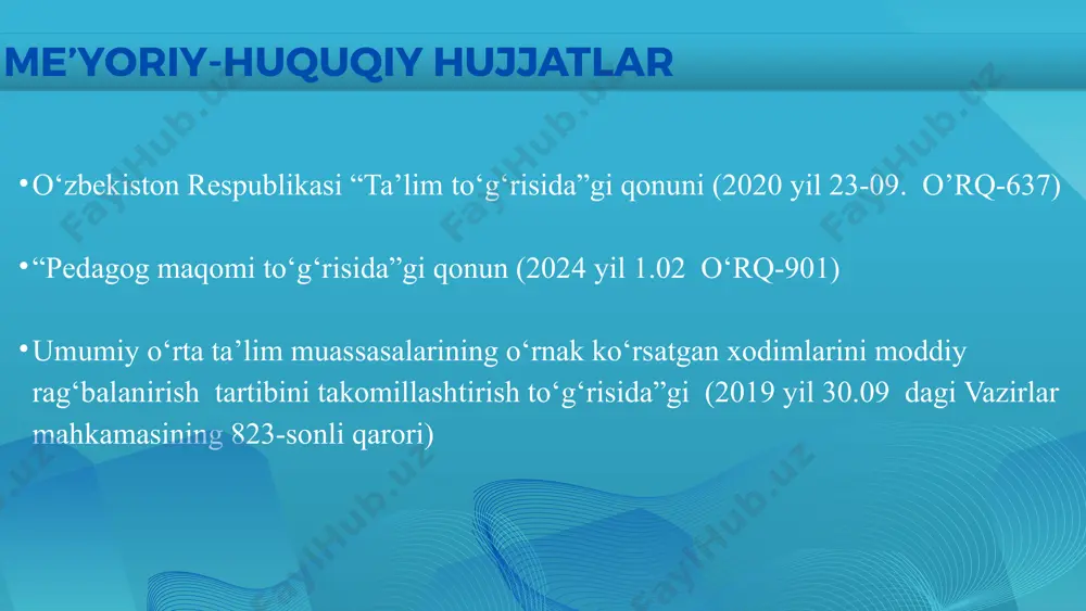 urlari tashkil etildi. tartib raqami amaldagi holat o‘zbekistonda amaldagi holat xorijda taklif 1 o‘qituvchilar an'anaviy metodlarga amal qilishadi finlyandiya: yangi pedagogik yondashuvlar joriy etilgan o‘qituvchilarni yangi va zamonaviy metodikalarga “kasbiy rivojlanish soati””kasbiy rivojlanish kunida yangi va zamonaviy meto‘dikalarga o‘qitish 2 texnologiyalarni joriy etishda qiyinchiliklar singapur: raqamli texnologiyalar keng qo‘llaniladi texnologiyalarni qo‘llab-quvvatlash dasturlari 3 kommunikatsiya va ishonch yetishmaydi kanada: ochiq kommunikatsiya va qo‘llab-quvvatlash ochiq va doimiy kommunikatsiya o‘rnatish qiyosiy tahlil xulosa o‘rgatish, ularni rag‘batlantirish va qo‘llab-quvvatlash muhimdir. qiyosiy tahlil natijalari shuni ko‘rsatadiki, ta'lim tizimidagi islohotlarni muvaffaqiyatli amalga oshirish uchun o‘qituvchilarni yangi metodikalar va texnologiyalarga takliflar o‘qituvchilar uchun doimiy treninglar va seminarlar tashkil qilish. texnologiyalarni joriy etishda qo‘llab-quvvatlash dasturlari yaratish. ochiq va doimiy kommunikatsiya o‘rnatish. o‘qituvchilarni rag‘batlantirish va motivatsiya dasturlarini joriy etish. xorijiy tajribalarni o‘rganish va ulardan o‘rnak olish. o chora-tadbirlar t/r muammo muammoning yechimini amalga oshirish mexanizmi ma’sullar muddati natija 1 o‘qituvchilar uchun doimiy treninglar o‘tkazish yangi metodikalarni o‘rganish va qo‘llash …