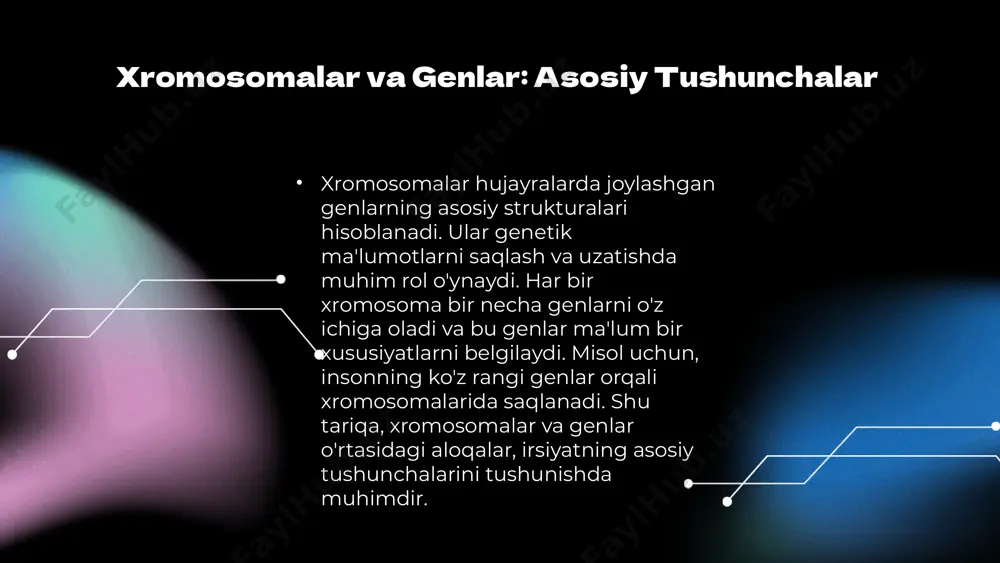 genetik diversifikatsiyasini o'rganishda ham qo'llaniladi. genetik muammolar, masalan, irsiy kasalliklar, ijtimoiy ahamiyatga ega bo'lib, ular insoniyatning salomatligi va jamiyatdagi ijtimoiy tenglikni ta'minlashda muhim rol o'ynaydi. genetik tadqiqotlar yordamida jamiyatda tenglikni ta'minlash uchun muhim strategiyalar ishlab chiqish mumkin. photo by altumcode on unsplash irsiyatda xromosoma nazariyasining ahamiyati irsiyatda xromosoma nazariyasi genetik xususiyatlarning avloddan avlodga o'tkazilishida muhim ahamiyatga ega. ushbu nazariya quyidagi asosiy tamoyillarga asoslanadi: - **xromosomalar tuzilishi**: xromosomalar genetik ma'lumotlarni saqlovchi strukturadir. har bir xromosoma o'z ichiga ko'plab genlarni oladi. - **genlarning tarqatilishi**: xromosomalar orqali genlarning qanday tarqatilishi va avlodga o'tishi izohlanadi. - **genetik tadqiqotlar**: bu nazariya genetik tadqiqotlarga asos bo'lib, organizmlarning genetik xususiyatlarini o'rganish imkonini beradi. xromosoma nazariyasi, shuningdek, genetik kasalliklarning o'rganilishi va ularning avlodlarga o'tish mexanizmlarini tushunishga yordam beradi. xromosoma nazariyasining asosiy tamoyillari xromosoma nazariyasining asosiy tamoyillari irsiyatni tushunishimizda muhim rol o'ynaydi. har bir tamoyil xromosomalar va genlarning merosiyat jarayonidagi o'rnini ko'rsatadi. photo by getty images on unsplash xromosoma …
