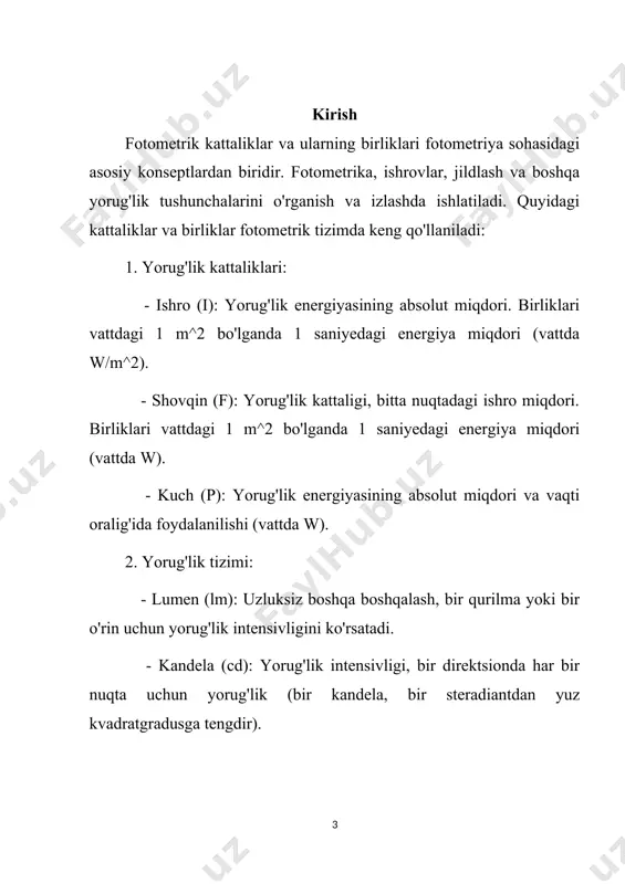 dagi yorug‘lik to‘lqinlariga nisbatan o‘rtacha sezgirlikni xarakterlovchi bunday kattalik ko‘rish funksiyasi deb ataladi. ko‘rish funksiyasini grafik ravishda tasvirlash qiyin, chunki subektiv nuqtai nazardan turli tusdagi nurlarning, masalan, qizil va yashil tusdagi nurlarning xuddi bir xil ravshanligini (yorqinligini) aniqlash mushkul. agar 1 va 2 uzunlikdagi ikkala to‘lqin oqimlariga nisbatan ko‘z sezgirligi bir xil bo‘lsa edi, bo‘lganda, ya’ni quvvatlar teng bo‘lganlarida har ikki maydoncha yorqinligi bir xil bo‘lib ko‘rinar edi. haqiqatda esa subektiv yorqinlikning teng bo‘lishi uchun ikkala oqimning va quvvatlarini turlicha qilib olishga to‘g‘ri keladi: ko‘z qaysi uzunlikdagi to‘lqinni kuchliroq sezadigan bo‘lsa, o‘sha to‘lqin oqimini kamroq quvvatli qilib olish kifoy. shuning uchun ko‘zni ф() ko‘rish funksiyasi vositasida xarakterlab, 1 va 2 bir-biriga yaqin ikki to‘lqin uzunliklariga oid ф() ko‘rish funksiyasining son qiymatlari bir xil yorqinlik hissini o‘yg‘otuvchi va quvvatlarga teskari proporsional, ya’ni (3.1) deb faraz etamiz. spektr sohaning bir bo‘lagidan ikkinchi (qo‘shni) bo‘lagiga ketma-ket muntazam o‘tish yo‘li bilan ko‘rinuvchi butun spektr …